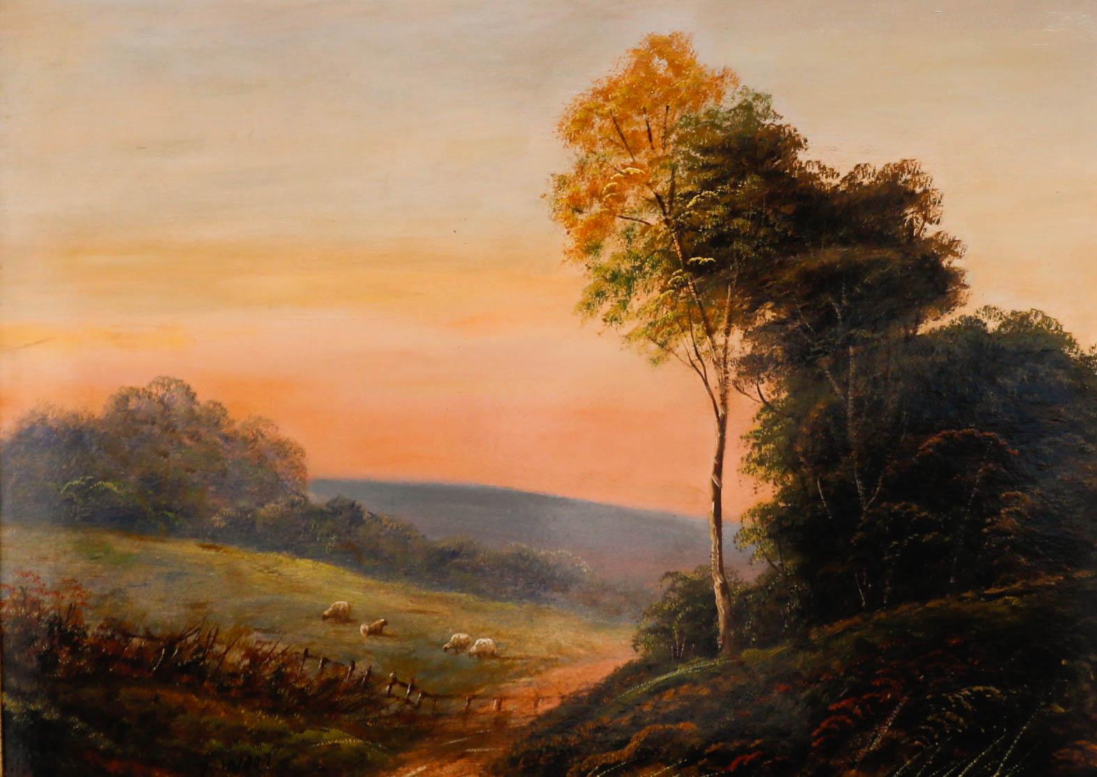 T. Wood - Gerahmtes Ölgemälde aus der Mitte des 20. Jahrhunderts, Schafe grasen in einer Landschaft – Painting von Unknown