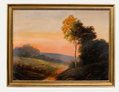 T. Wood - Gerahmtes Ölgemälde aus der Mitte des 20. Jahrhunderts, Schafe grasen in einer Landschaft