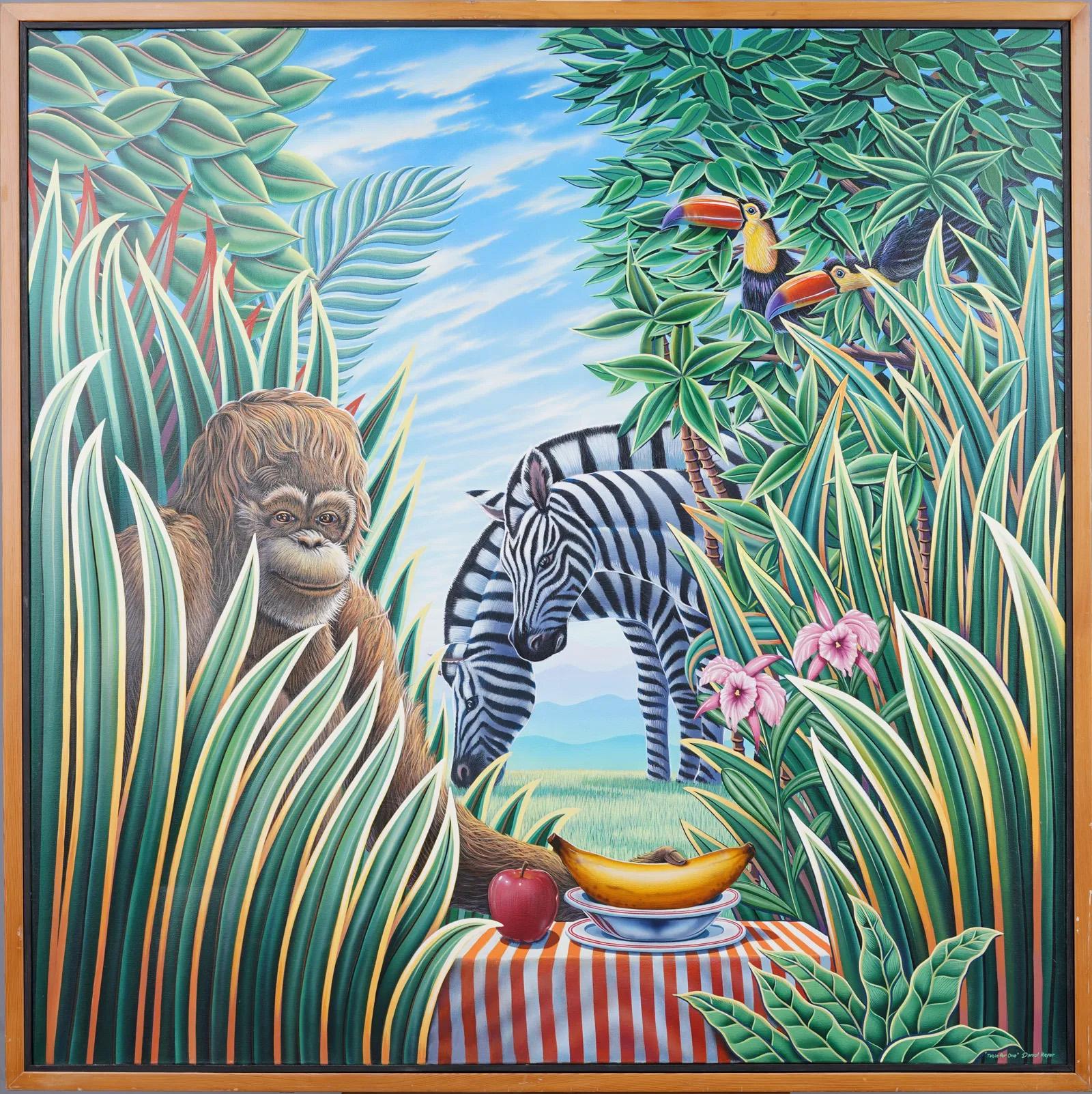„Table for One“ Signiertes Ölgemälde der amerikanischen Moderne, Pop-Art Dschungel-Tier, Ölgemälde – Painting von Unknown