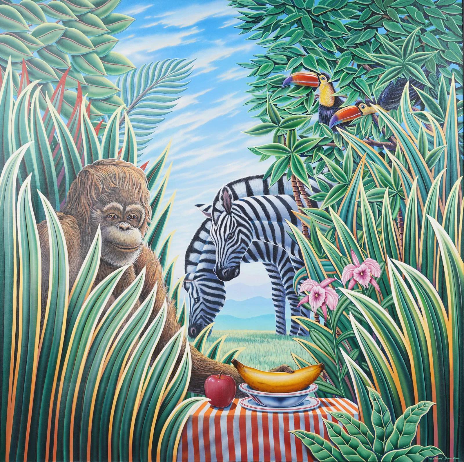 „Table for One“ Signiertes Ölgemälde der amerikanischen Moderne, Pop-Art Dschungel-Tier, Ölgemälde (Grau), Landscape Painting, von Unknown
