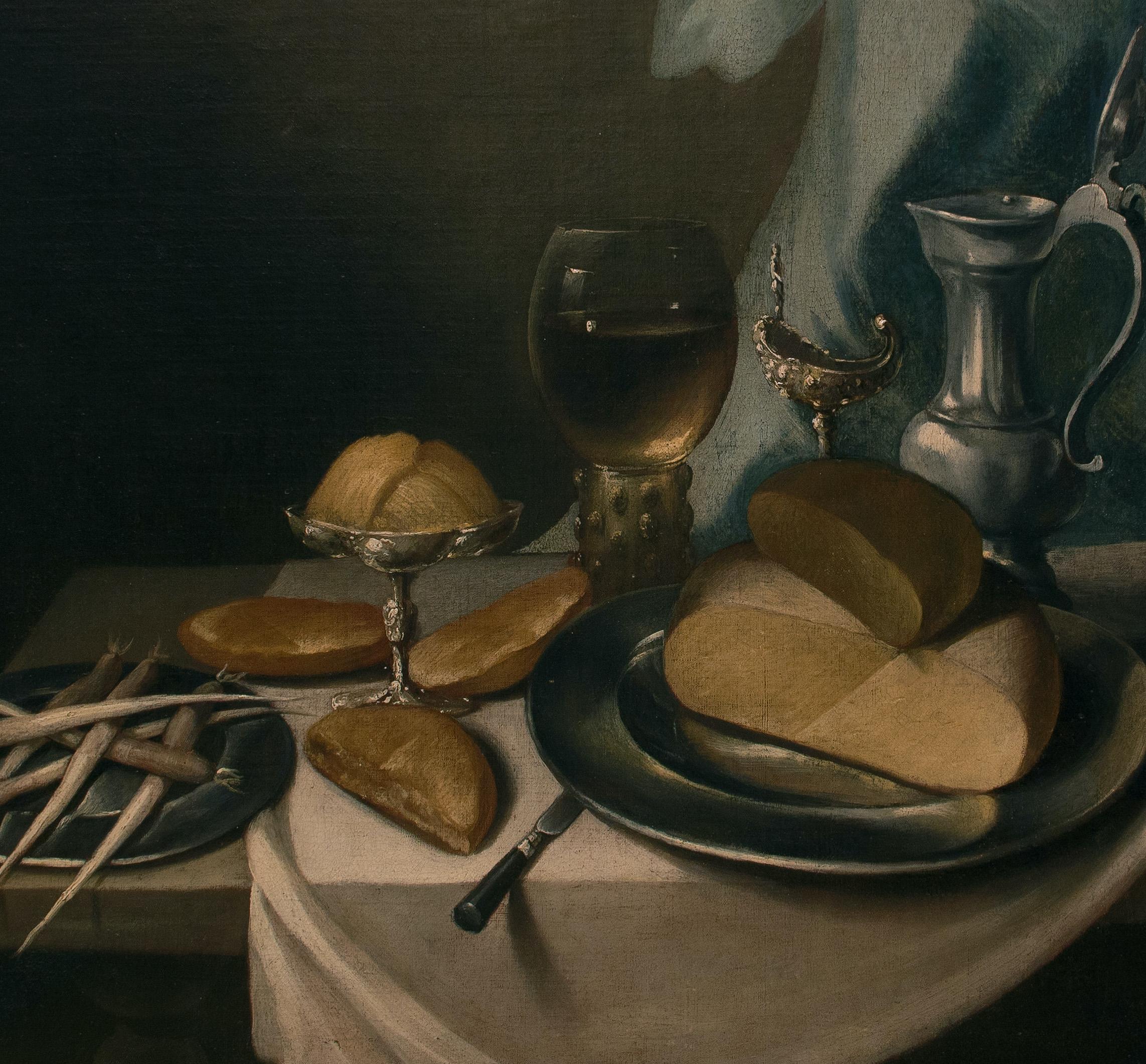 Table with food and Pottery- Oil on Canvas by Flemish Artist 17th Century - Painting by Unknown