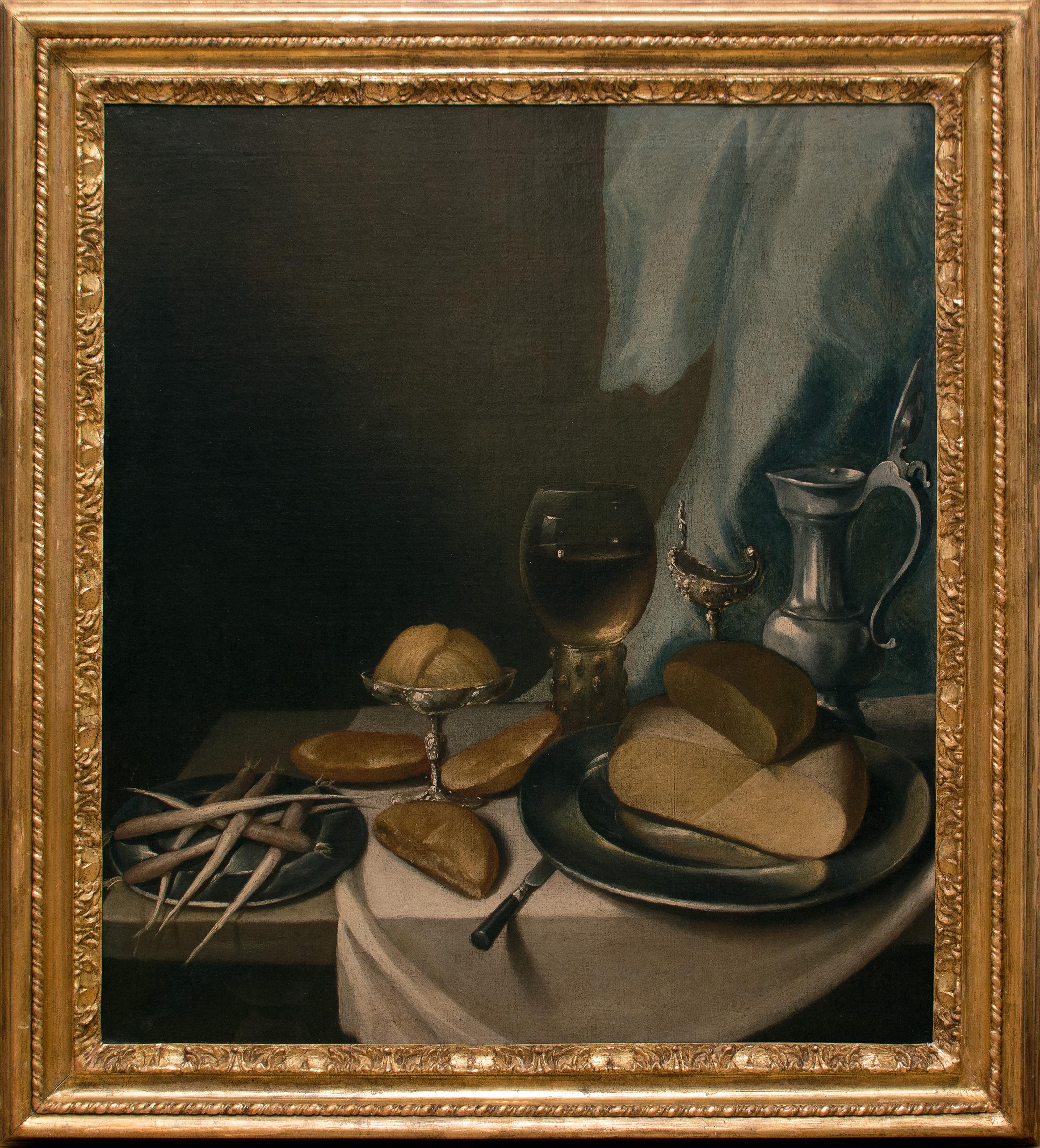 Unknown Figurative Painting - Table with food and Pottery- Oil on Canvas by Flemish Artist 17th Century