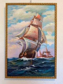 Tall Ship Seascape Oil Painting on canvas Clipper Ship Nautical Art Framed