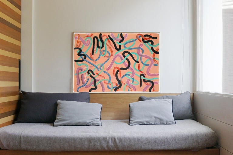 Tangerine Dream, Horizontal Gestures Painting, Pastel Tones, Green and Black  - Beige Abstract Painting by Unknown