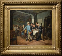 Antique Tavern Reckoning Scene 19th century Genre Master Large Oil Painting Framed
