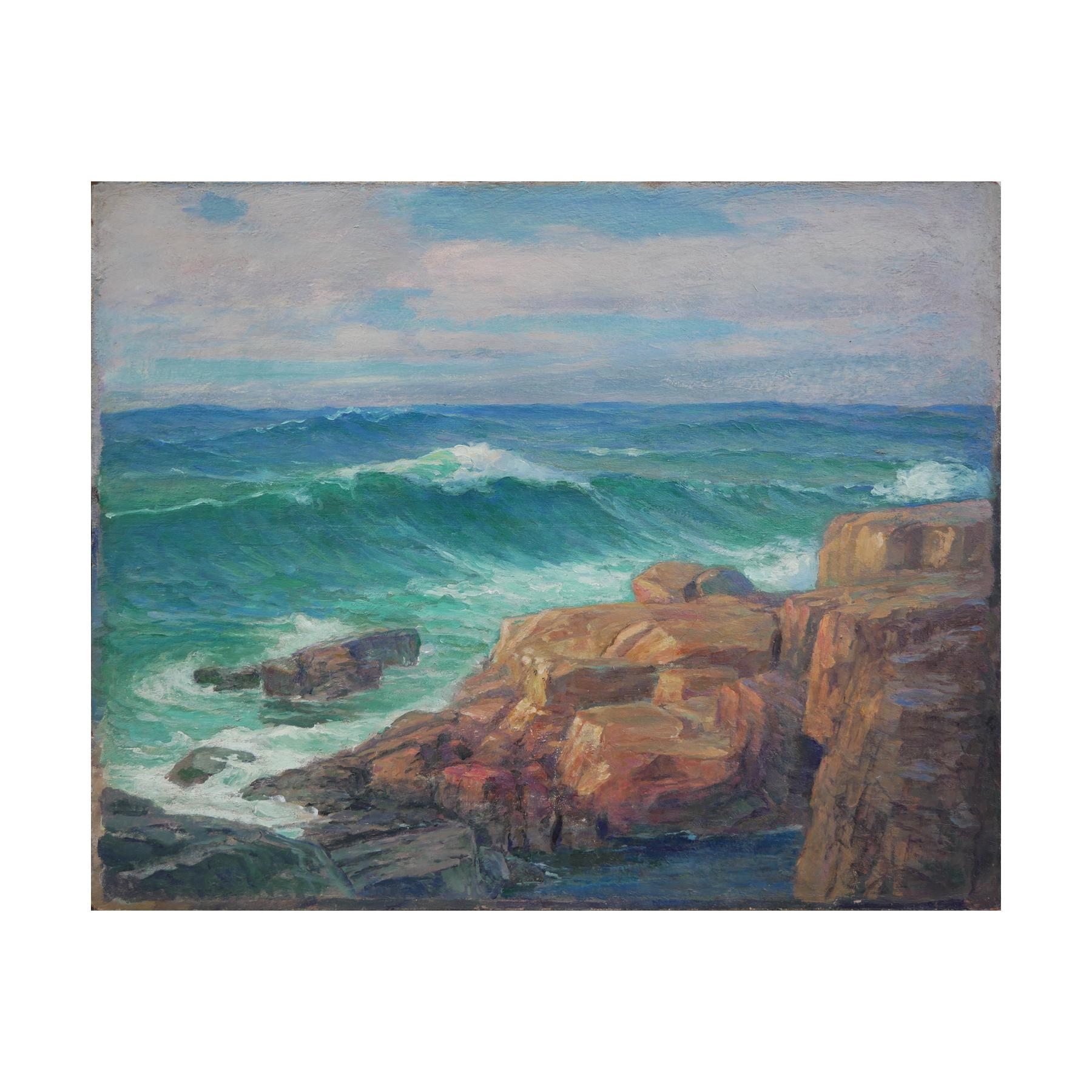 Teal und Blau getönte abstrakte impressionistische Meereslandschaft – Painting von Unknown
