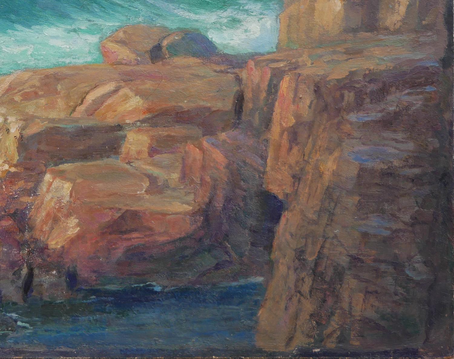 Paisaje oceánico abstracto impresionista en tonos azules y verde azulado al estilo de Frederick Judd Waugh. La pieza representa un paisaje oceánico ondulado con grandes rocas a lo largo de las orillas. La pieza no está firmada. Sin enmarcar, pero