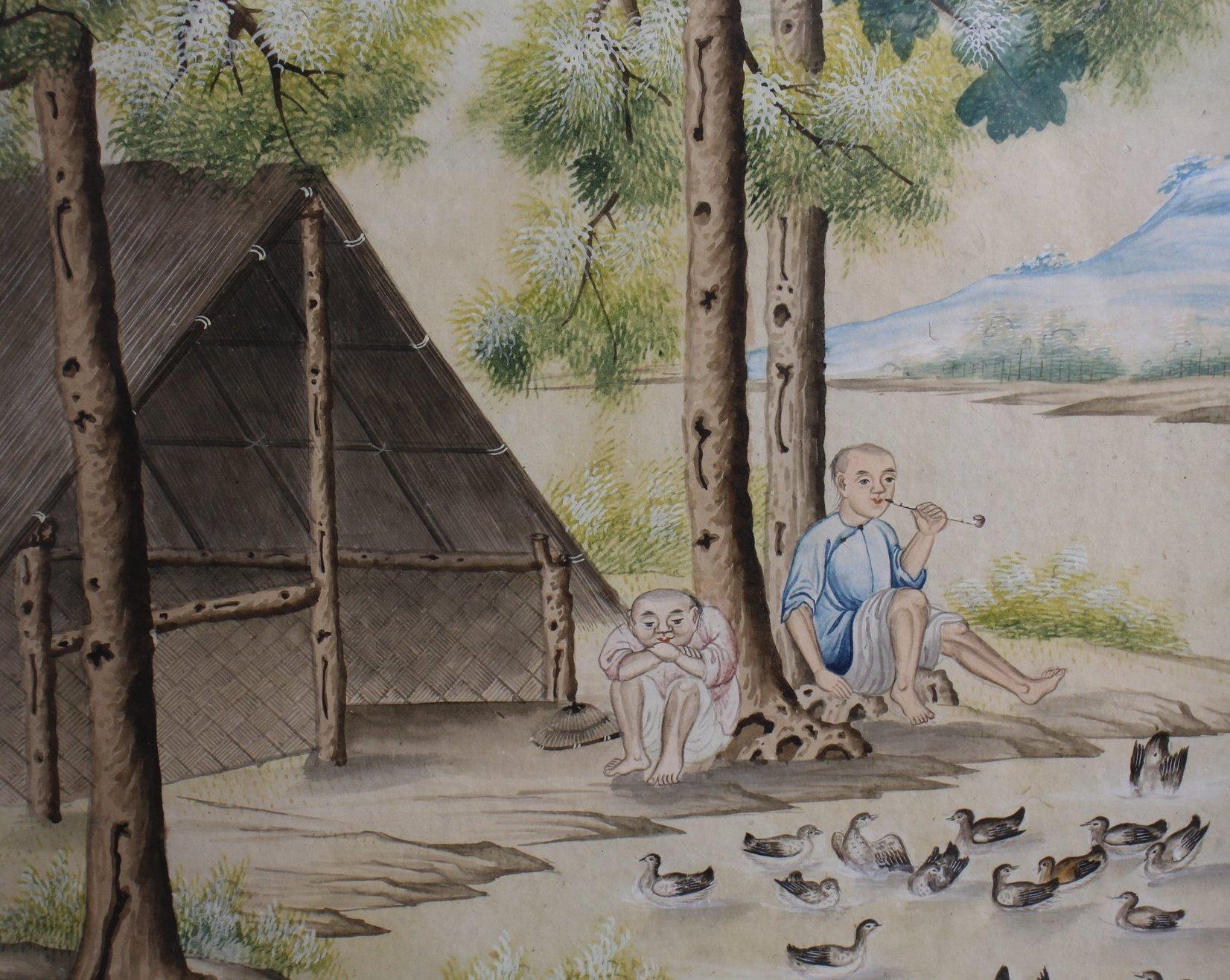 Tending Ducks China Trade Painting 18th cent. For Sale 1