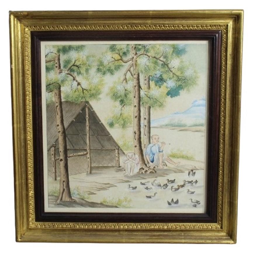 Tending Ducks China Trade Painting 18th cent. For Sale 2