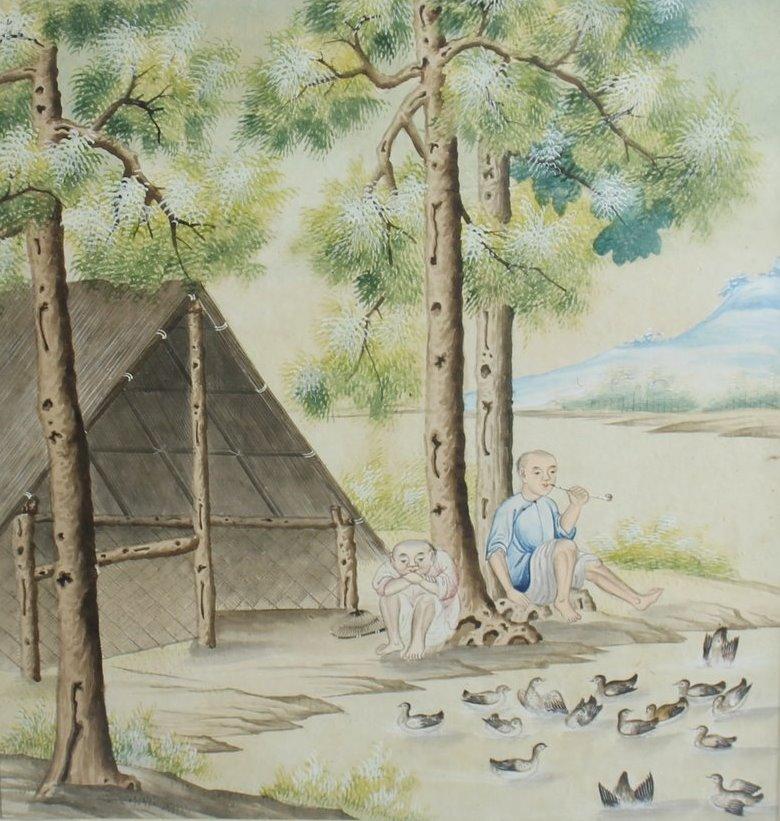 Fine China Trade Paintings depicting  local farmers tending their ducks.
Excellent condition
Lovely collectible and cultural subject 

Provenance : Martyn Gregory Gallery, London
dimensions : 13 x 12 ½  in. w. frame