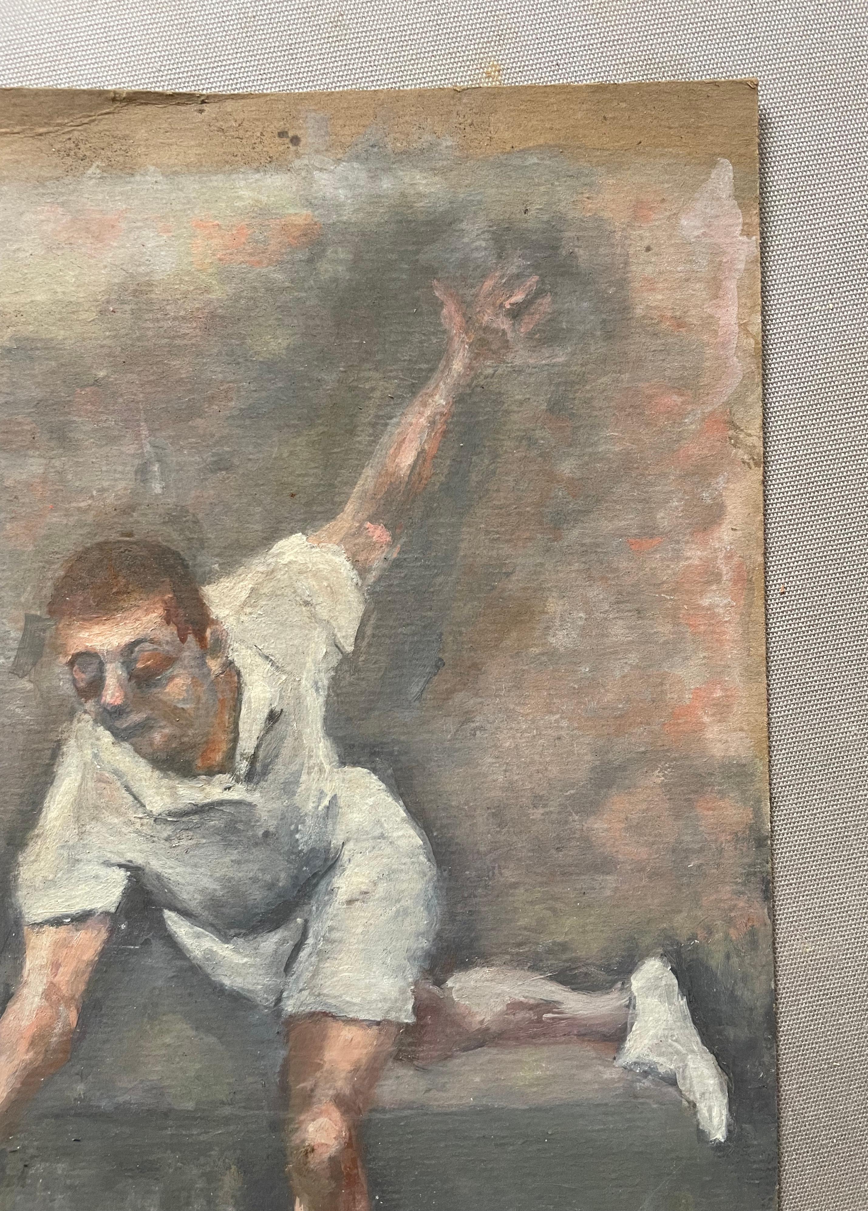 Giocatore di tennis.
Guazzo su cartoncino sottile, inizio del XX secolo.
Piega una piccola parte di cartone in alto a sinistra.
37.5 x 24 cm