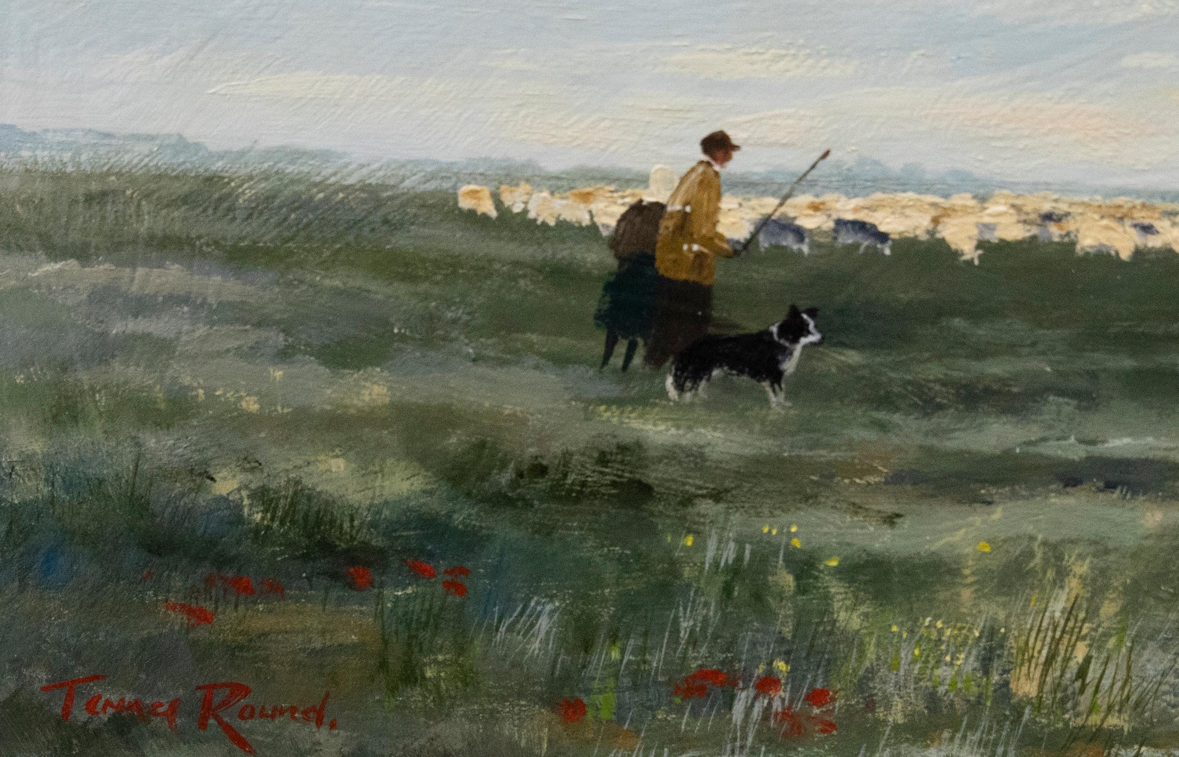 This delightful oil by Terence Round shows a shepherd counting his flock with his dog and wife for company. Signed to the lower left. On board.