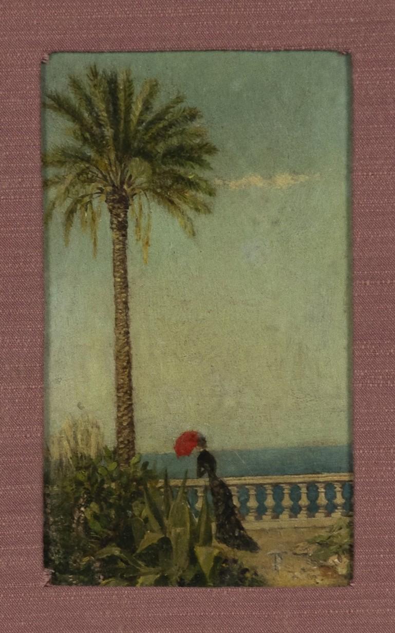 Unknown Figurative Painting – Terrace on the Sea – Ölgemälde auf Täfelung – 19. Jahrhundert