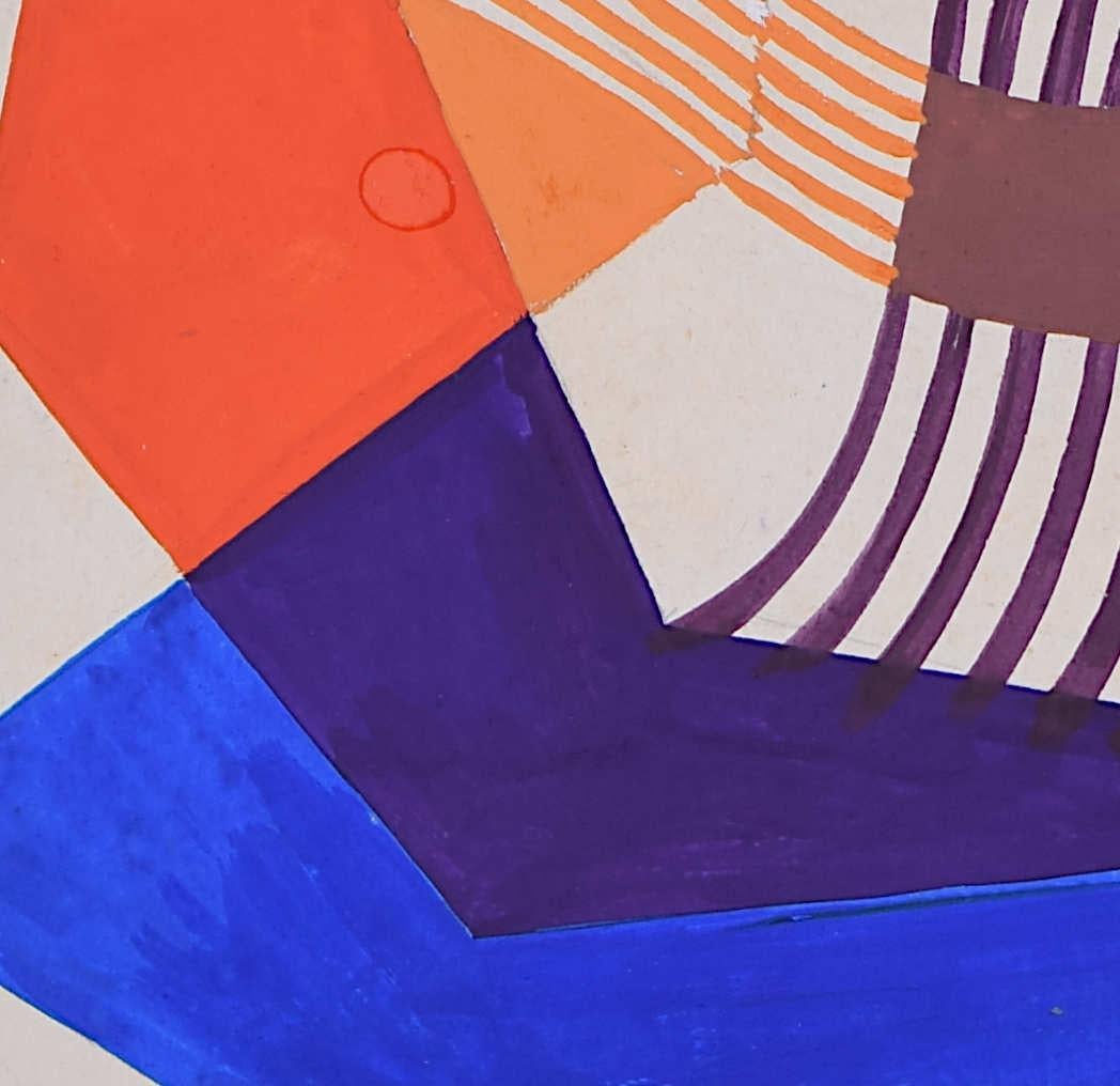 Tertiaries Colour Exercise
Gouache
20 x 25 cm 
Provenance: The family of A. E. Halliwell 

This vibrant abstract composition explores the harmony of tertiary colours through interwoven ribbons and bold geometric forms. Rich hues of orange, green,
