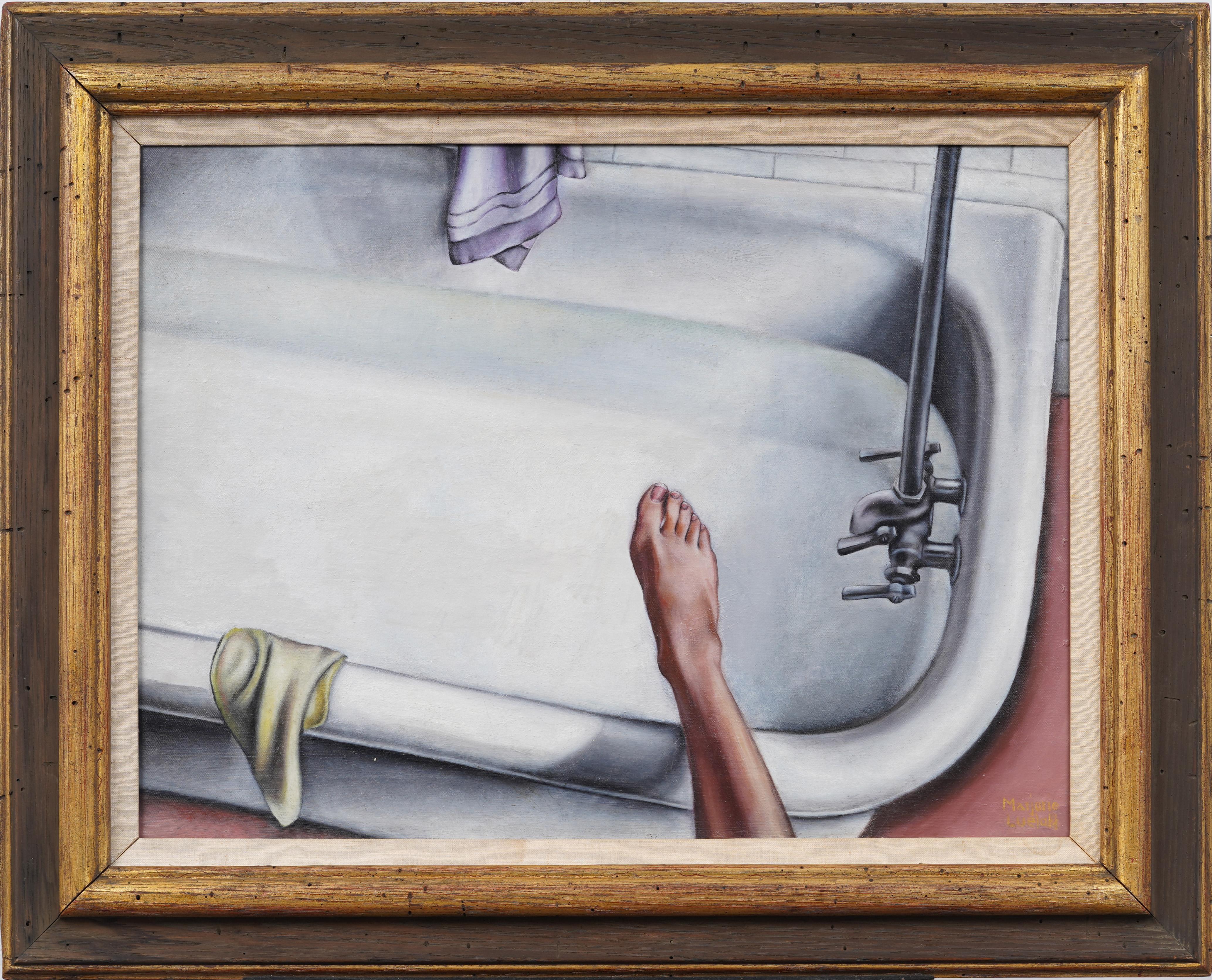 "Test Test" Pittura ad olio Modernista Americana con scena d'interni e natura morta