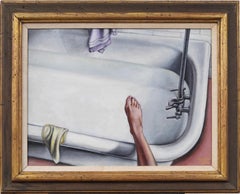 « Testant l'eau », peinture à l'huile d'une scène d'intérieur moderniste américaine