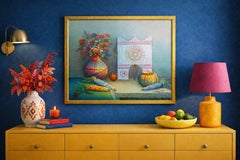 Texturierte signierte Ölgemälde Stillleben, Volkskunst Pottery Mais Adobe Szene Kunst