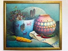 Textured Signed Oil Painting Still Life, Folk Art Pottery Corn Adobe Scene Art