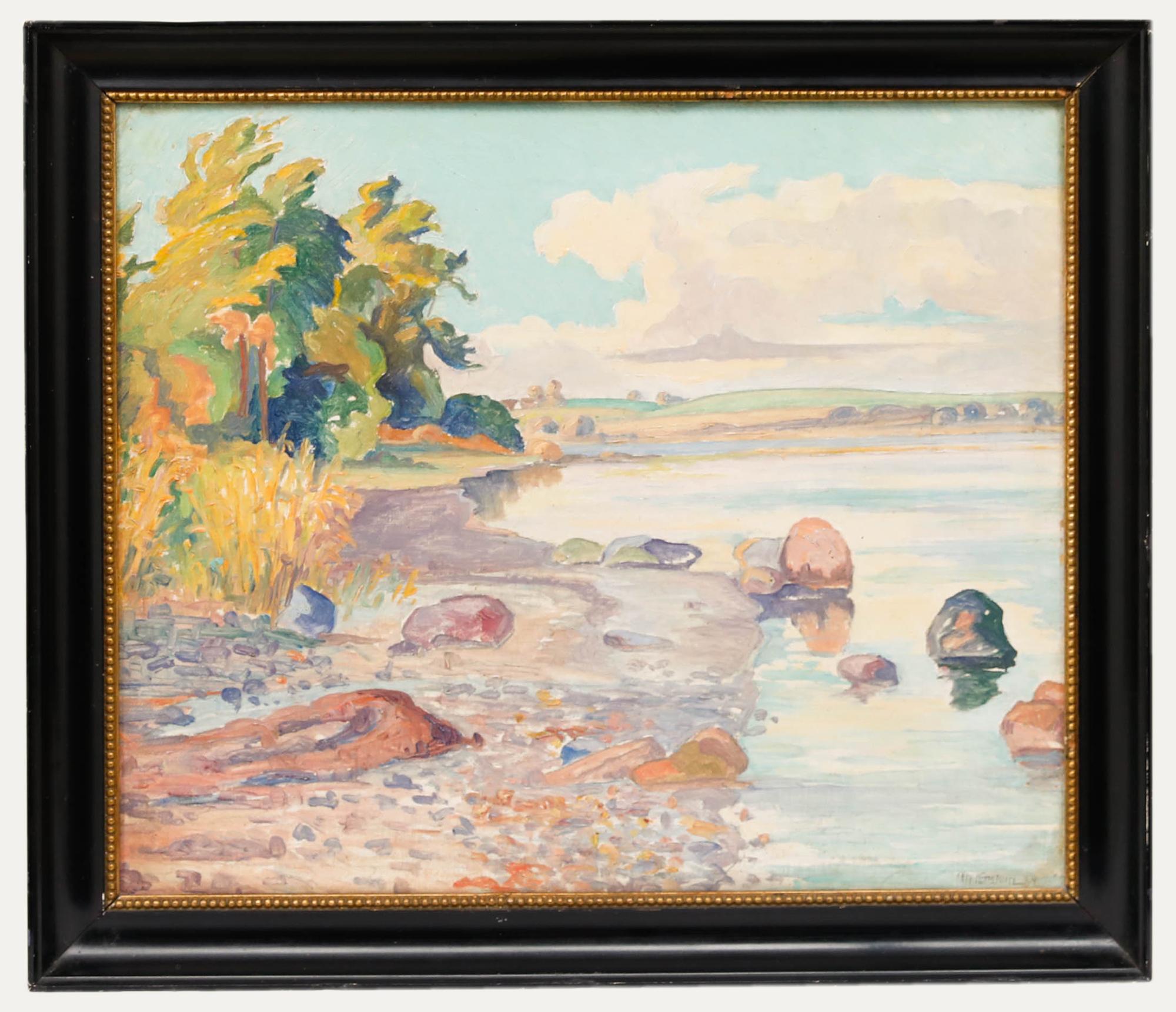Landscape Painting di Unknown - Th. Kirstein - Olio del primo Novecento incorniciato, Una costa rocciosa