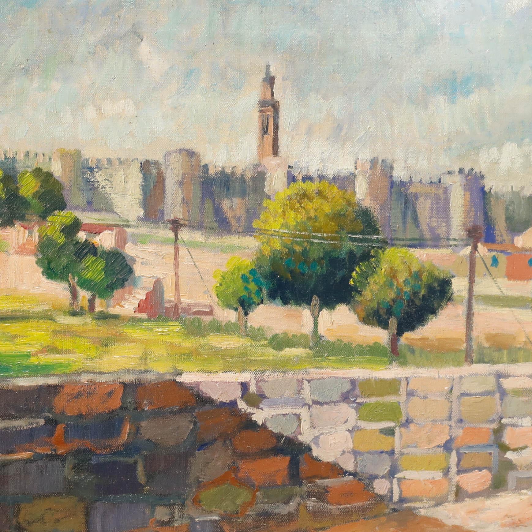 Cette peinture lumineuse capture les murs anciens d'Ávila, en Espagne, rendus par des coups de pinceau doux et impressionnistes qui évoquent la chaleur d'un après-midi baigné de soleil. La composition équilibre magnifiquement les imposantes