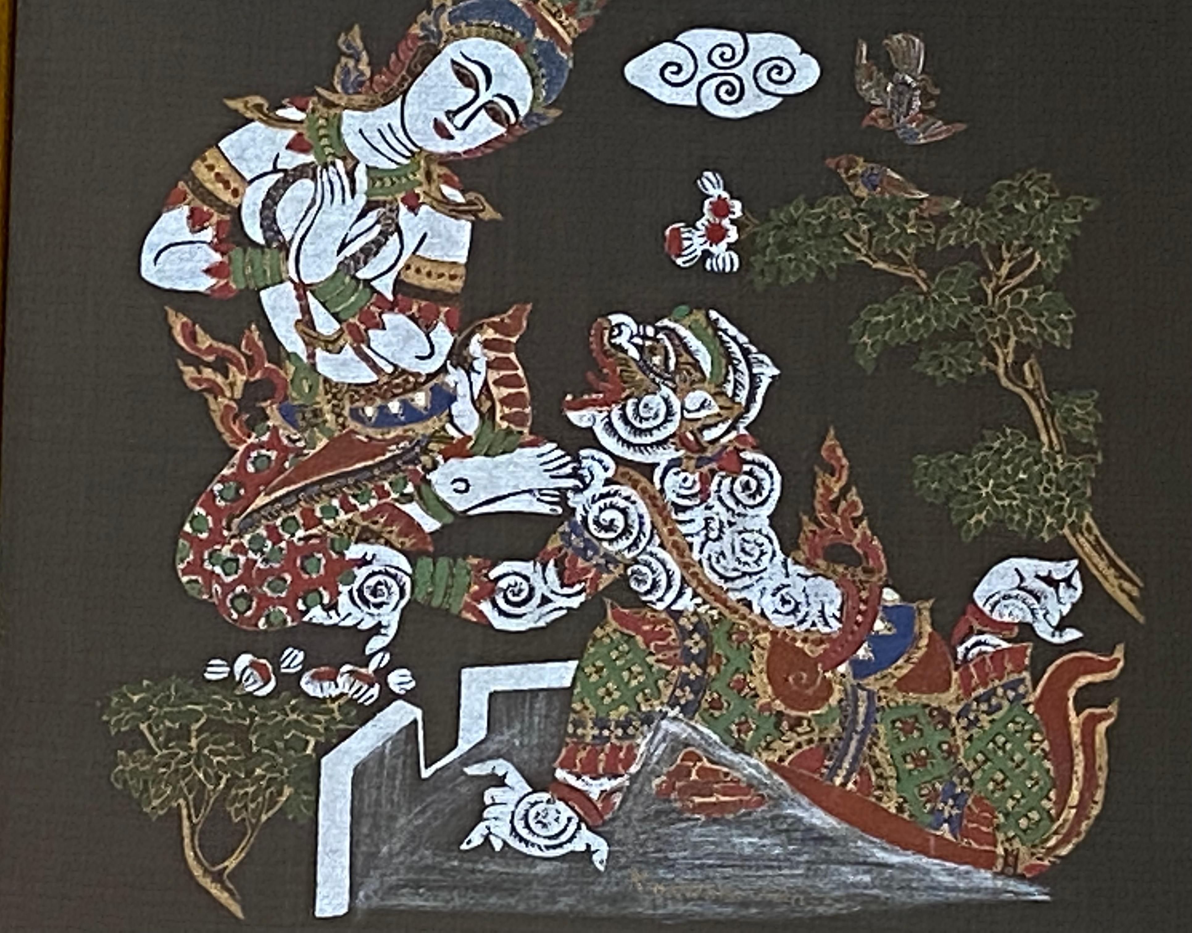 Hand painted acrylic painting on black silk fabric. Thai goddess with menacing dragon.  Unsigned. Signed “K Bangkok, Thailand” bottom right. Condition is excellent.  Circa 1990. Nicely professionally framed with gold leaf gallery frame.  Under