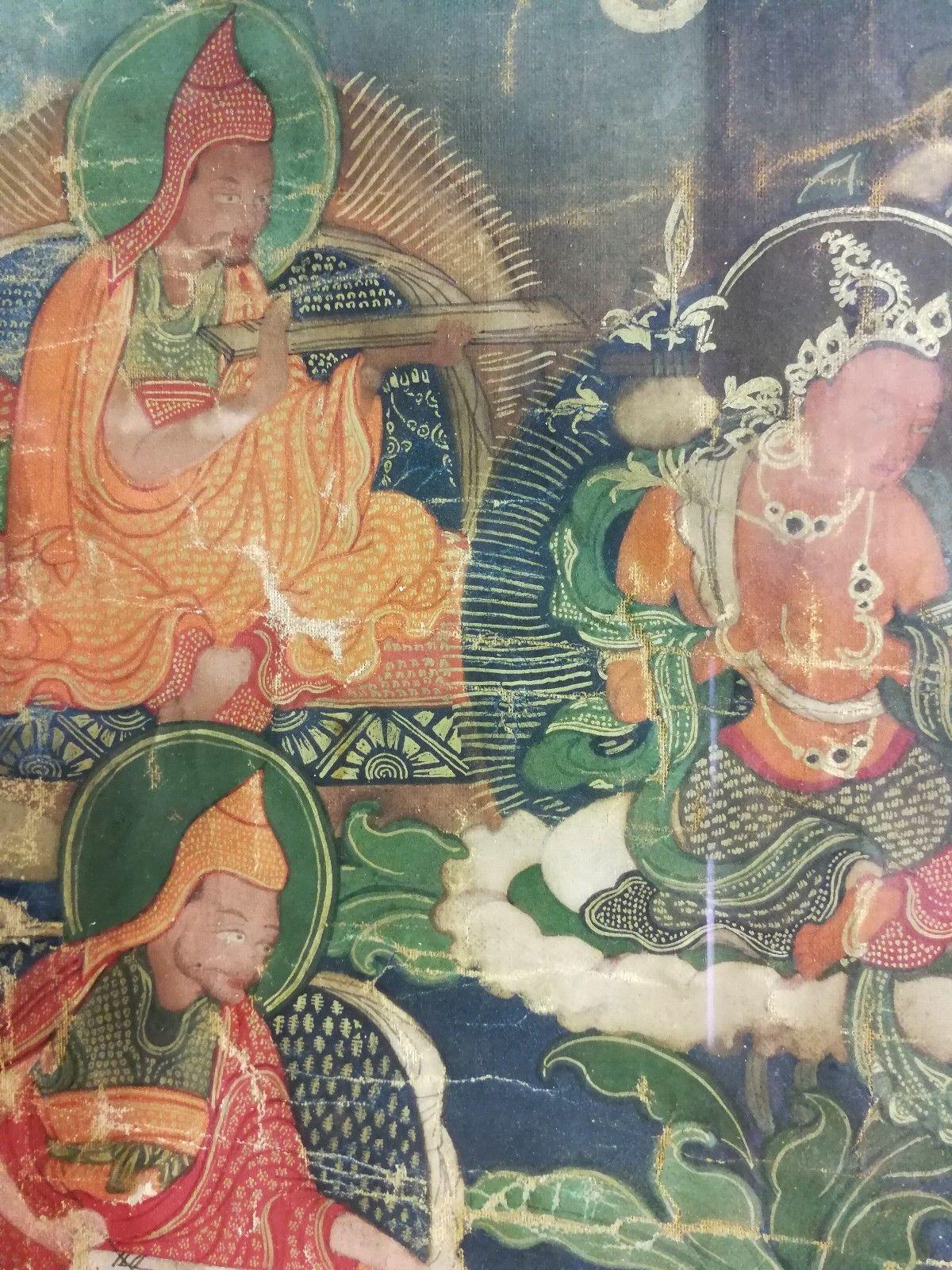 Beautiful original l
Lamaistic scroll painting with extremely interesting iconography

Cultural circle: Lamaistic Buddhism in Tibet
Was in use at a monastery! 
In good condition! 
Please check our very detailed images!

We send this Thangka without
