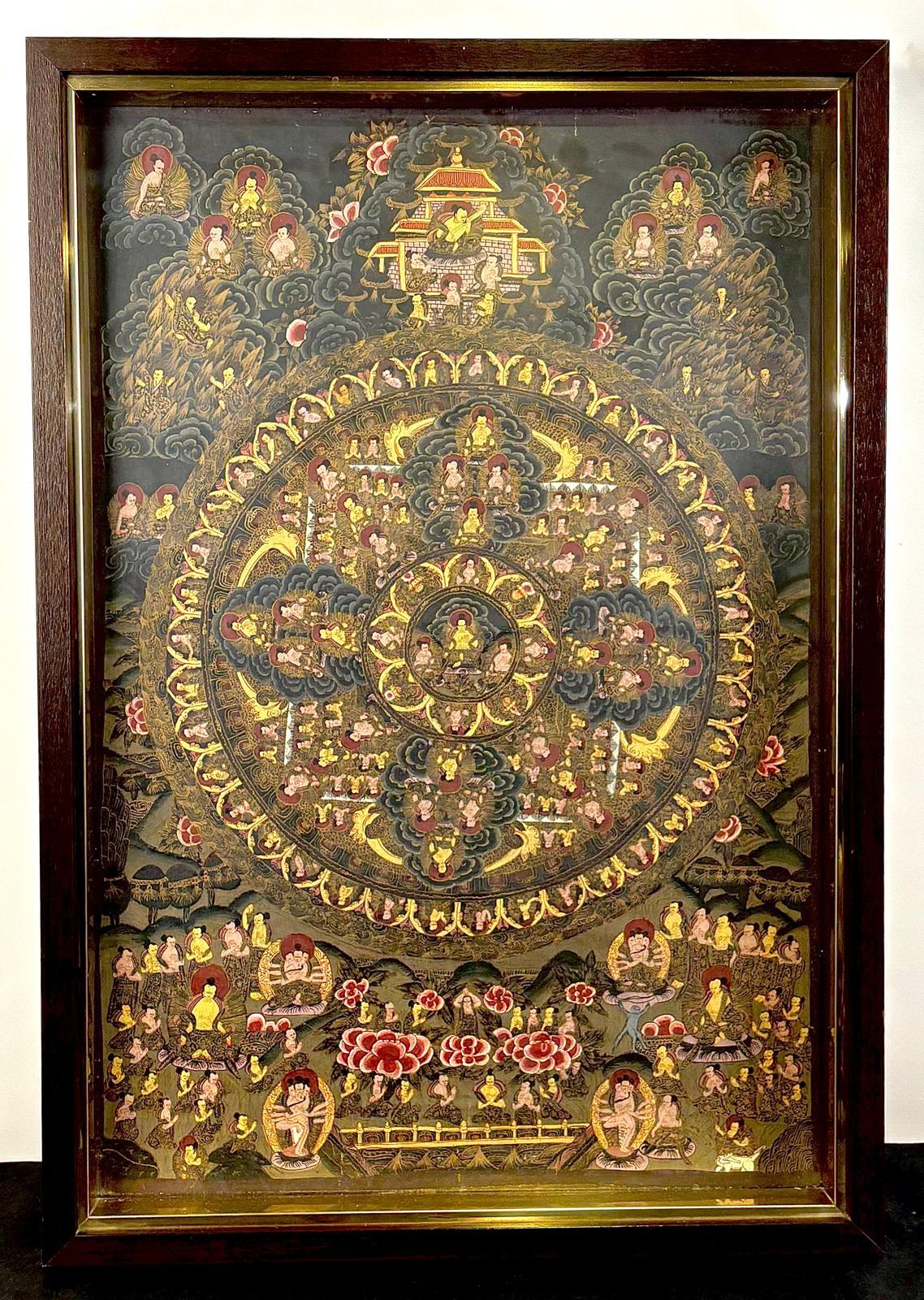 Thangka tibétain peint à la main sur lienzo, mandala - siglo XIX - Painting de Unknown