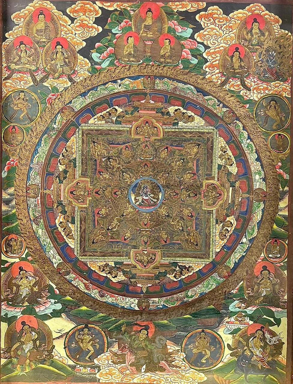 Thangka tibétain peint à la main sur lienzo, mandala - siglo XIX - Painting de Unknown