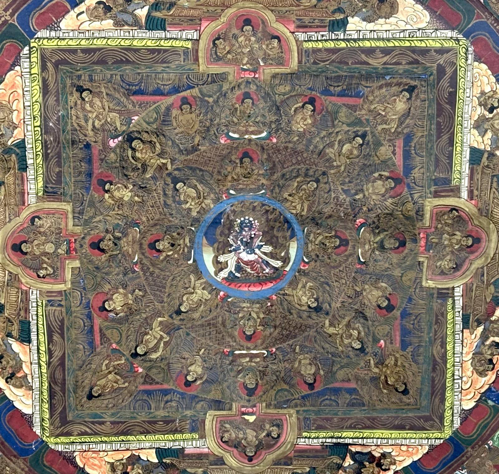 Thangka tibétain peint à la main sur lienzo, mandala - siglo XIX - Marron Figurative Painting par Unknown