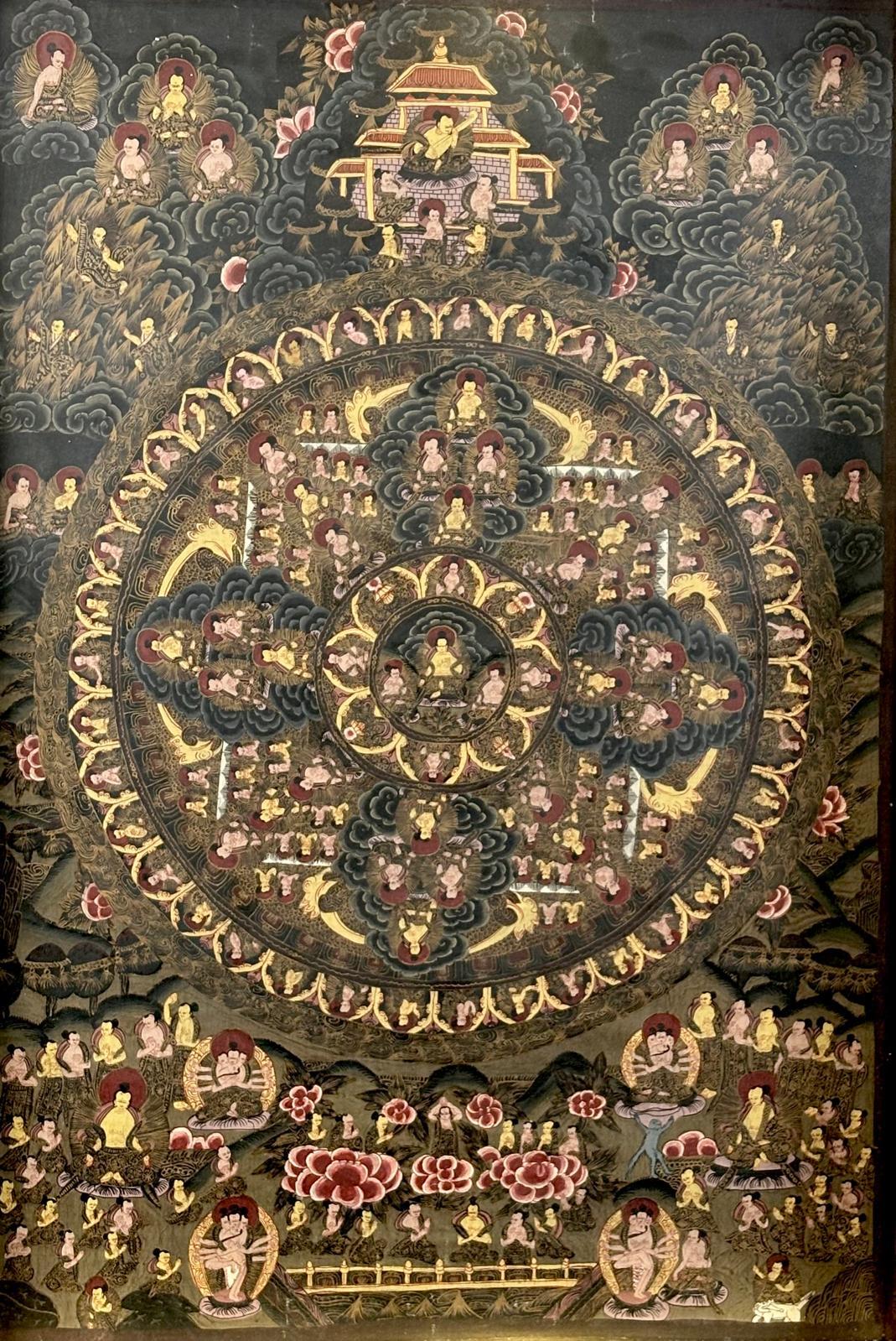 Thangka tibetano pintado a mano sobre lienzo, mandala - siglo XIX