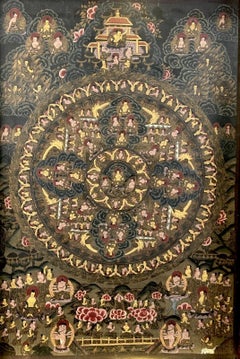Antique Thangka tibetano pintado a mano sobre lienzo, mandala - siglo XIX