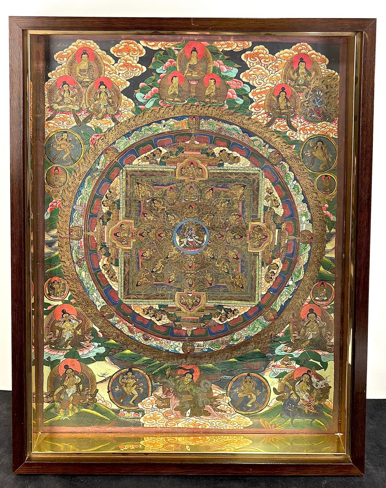 Figurative Painting Unknown - Thangka tibétain peint à la main sur lienzo, mandala - siglo XIX
