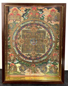 Antique Thangka tibetano pintado a mano sobre lienzo, mandala - siglo XIX