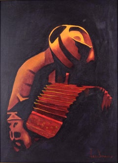 The Accordion Player - Contemporary Reductive Oil Painting