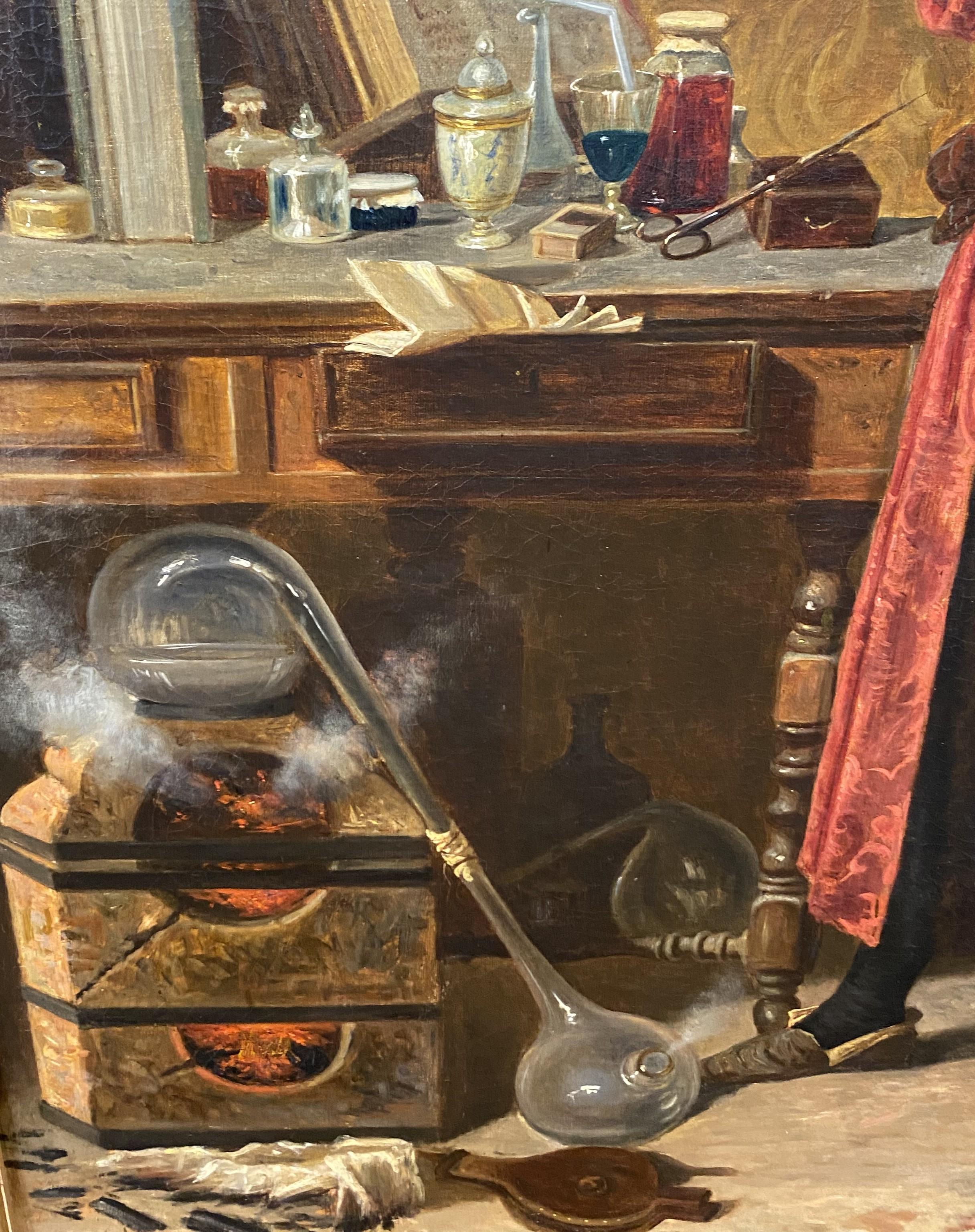 A wonderful oil on canvas painting portrait of an alchemist, unsigned, probably Continental in origin, dating to the 19th century, housed in a molded giltwood frame. Notice the attention to details in the room including the scientific glass vessels,
