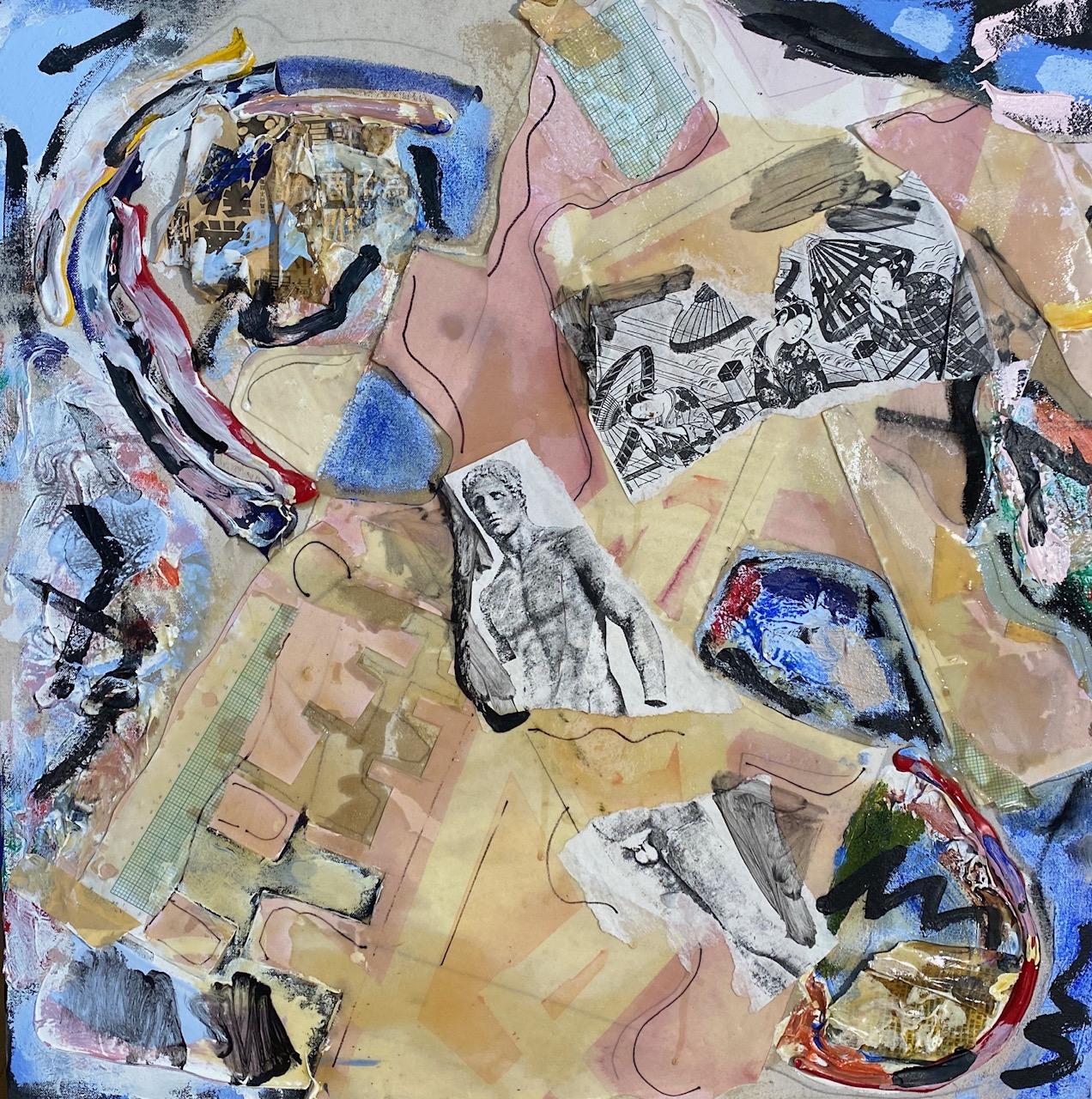 "Centrifuge" Abstrait contemporain en techniques mixtes bleu et rose de Steven Rehfeld - Mixed Media Art de Steven H. Rehfeld