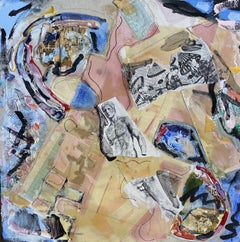 "Centrifuge" Abstrait contemporain en techniques mixtes bleu et rose de Steven Rehfeld