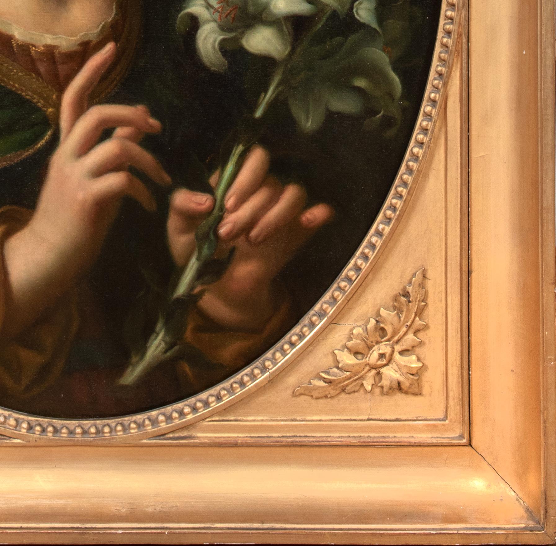 The Angel Of The Annunciation, 19th Century

after CARLO DOLCI (1616-1686)

Large 19th Century Italian School depiction of the Angel of the Annunciation, oil on canvas. Devotional scene of the Angel Gabriel holding a small bouquet of lilies that