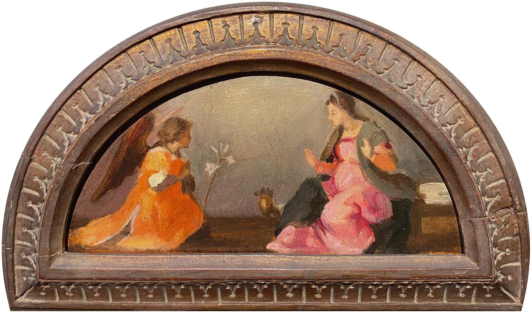 Unknown Figurative Painting - The Annunciation, Gilt Easel Oil Painting, 19th Century European School