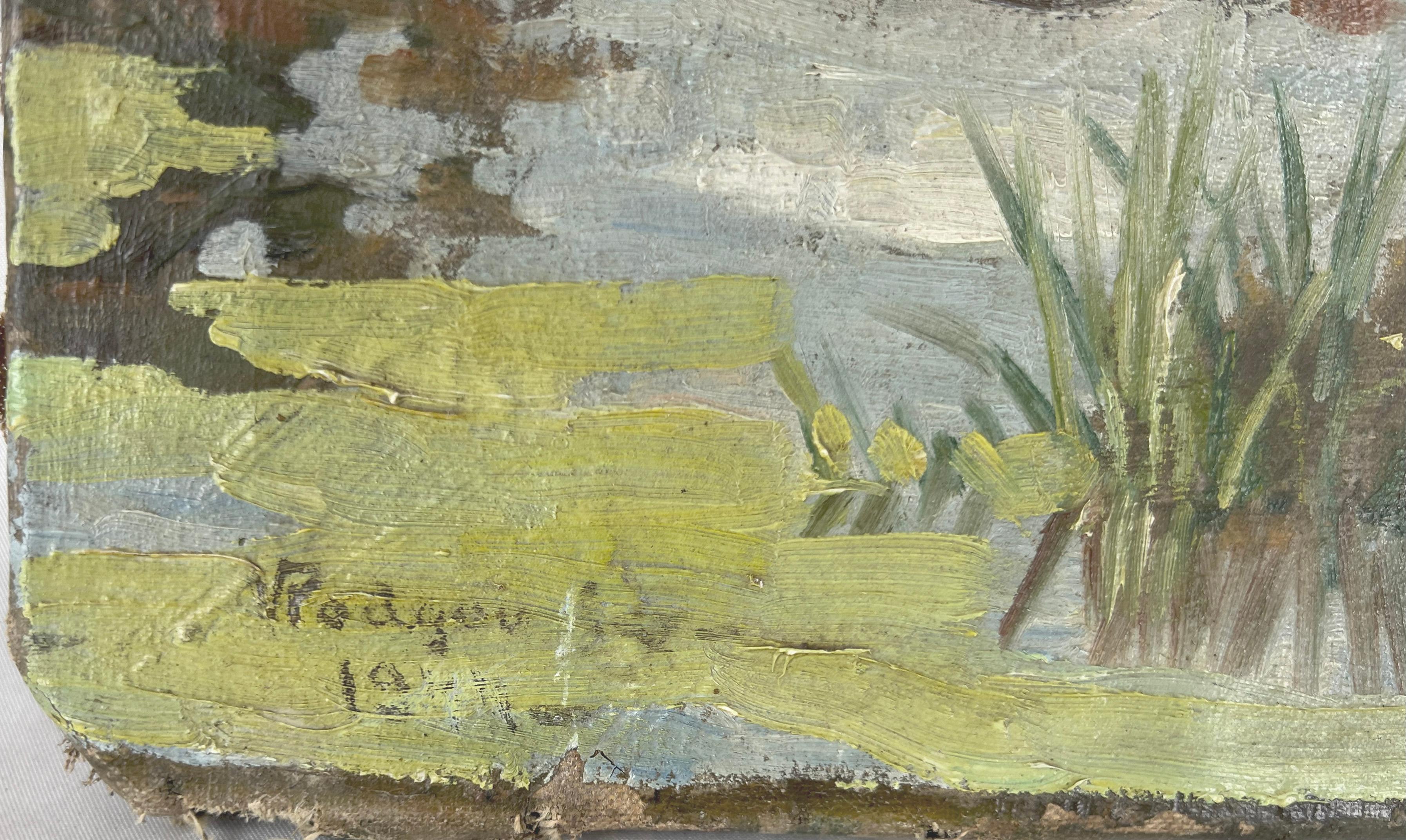 The Artists Country Home Rodgau Germany Original Oil on Linen 1944
Oil painting of the German Countryside circa 1944 by an anonymous artist. (German, 19th-20th C). 
Well painted of a quiet garden scene in pastel impasto colors and application.