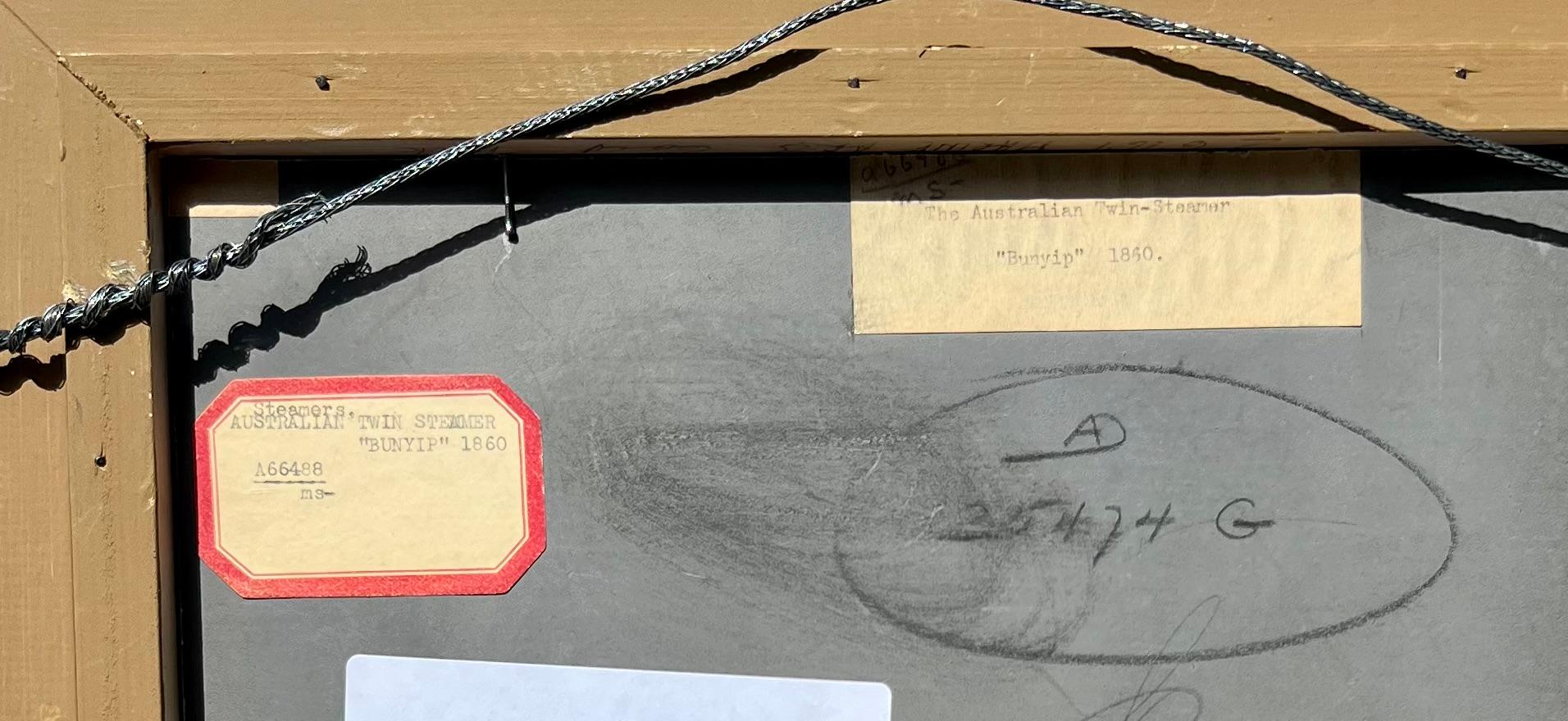 Öl auf Malerkarton, 19. Jahrhundert. Keine Signatur gefunden, aber von einer talentierten Hand mit einer schönen leuchtenden Qualität gemacht. Label auf der Rückseite Der australische Zwillingsdampfer 'Bunyip', 1860.   Der Bunyip ist eine Kreatur