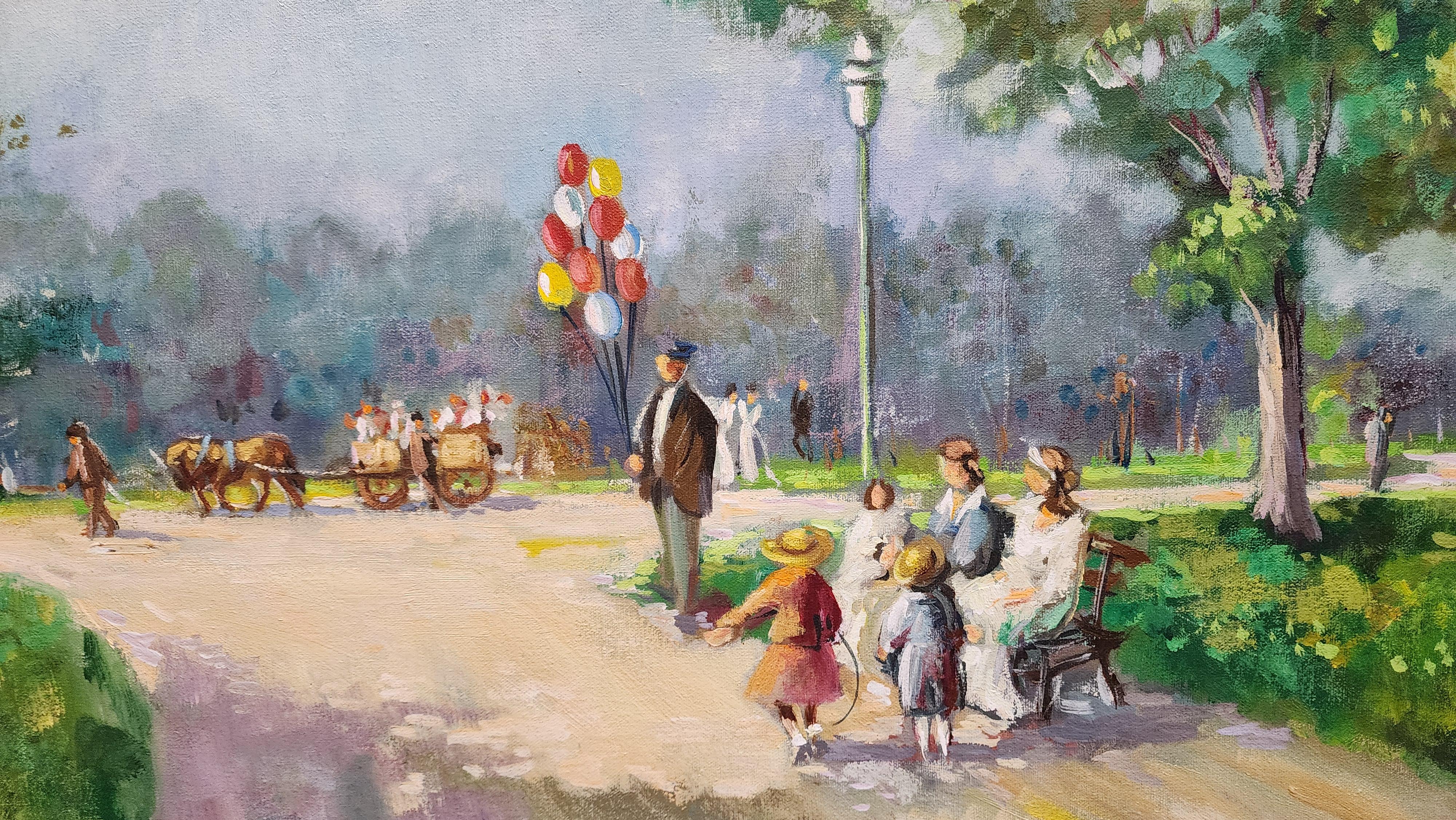 L'uomo dei palloncini, piacevole dipinto impressionista d'epoca, colori vibranti - Painting di Unknown