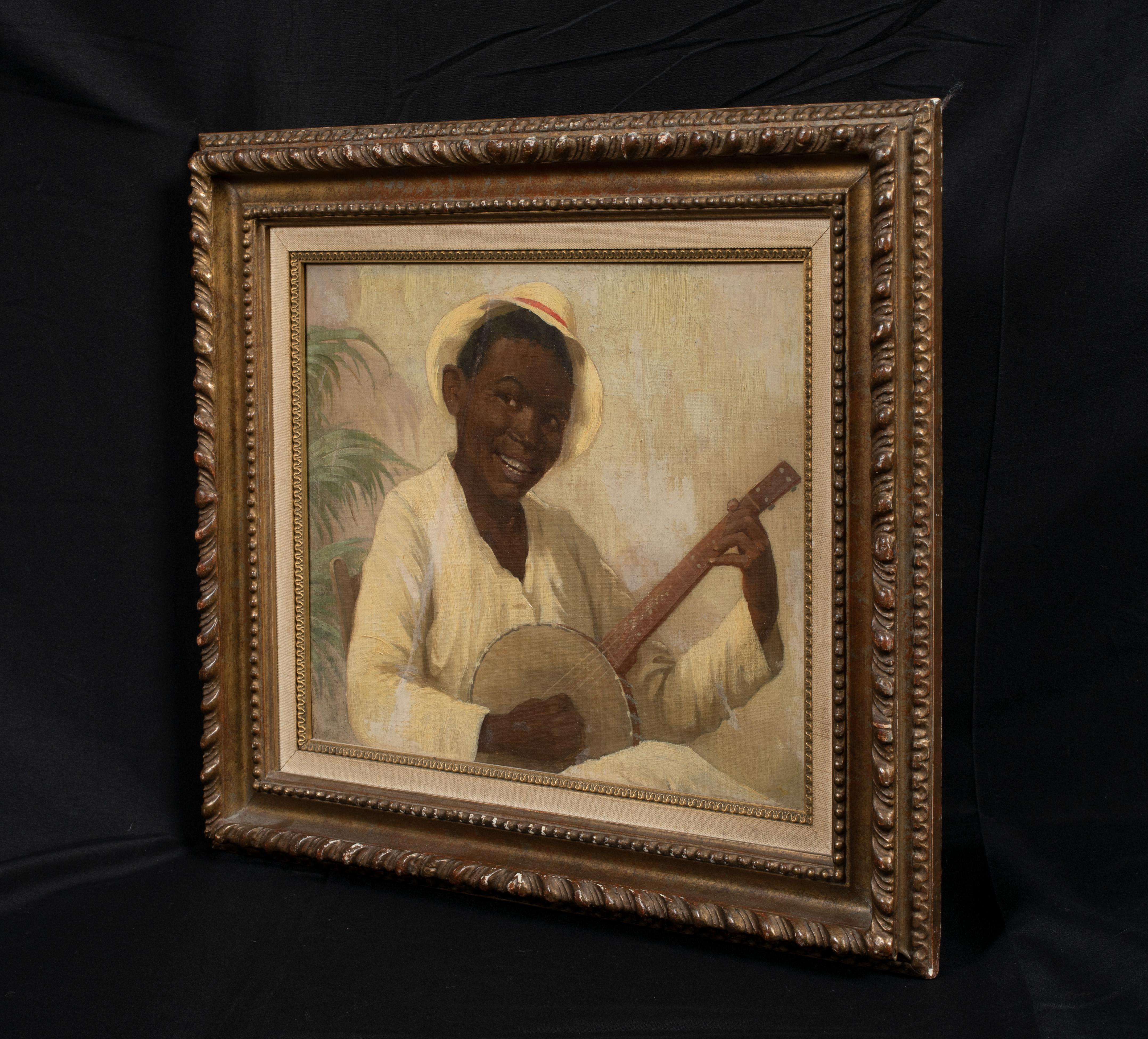 The Banjo Player, 19th century 

American School

19th Century American School portrait of a young black man playing the banjo, oil on panel. Rare 19th century portrait from a southern states and accomplished painter circa 1890. Some old