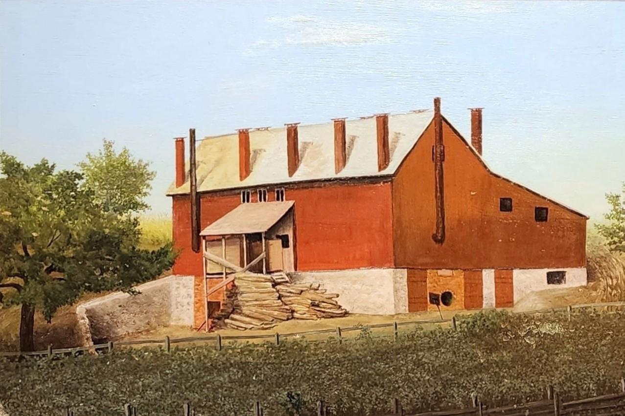 The Barn, Rural America, American Farm, Red Barn Painting - Brown Landscape Painting by Unknown