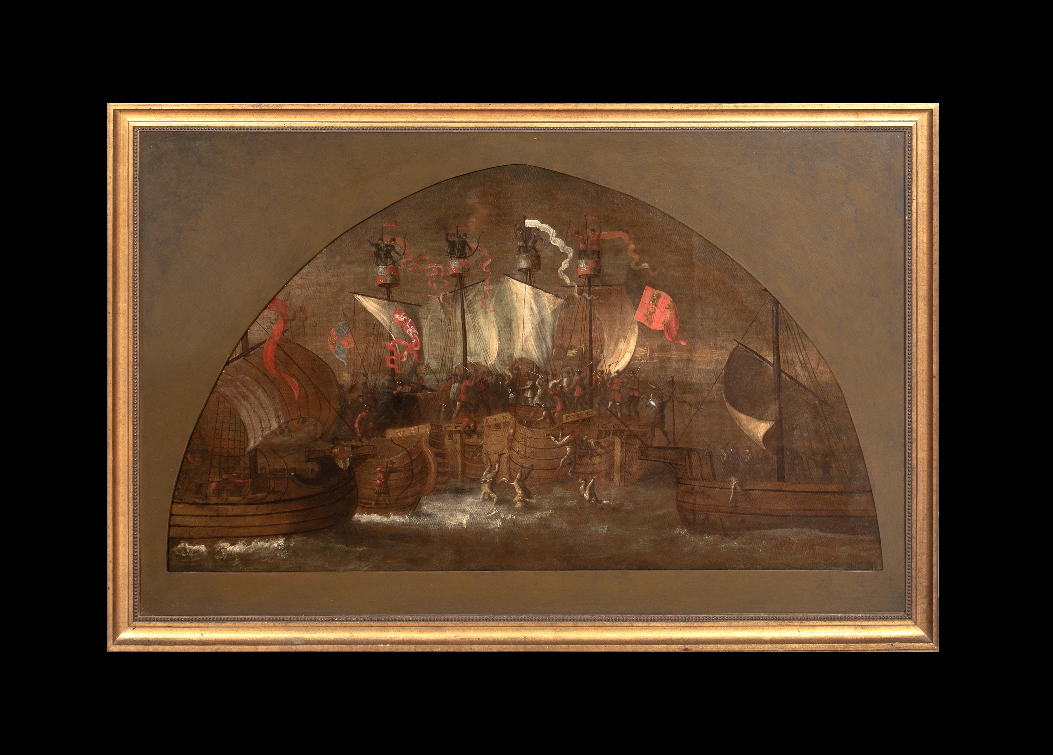 The Battle Of Sluys (1340), Öl auf Leinwand, 100 Hundred Years War Naval Scene – Painting von Unknown