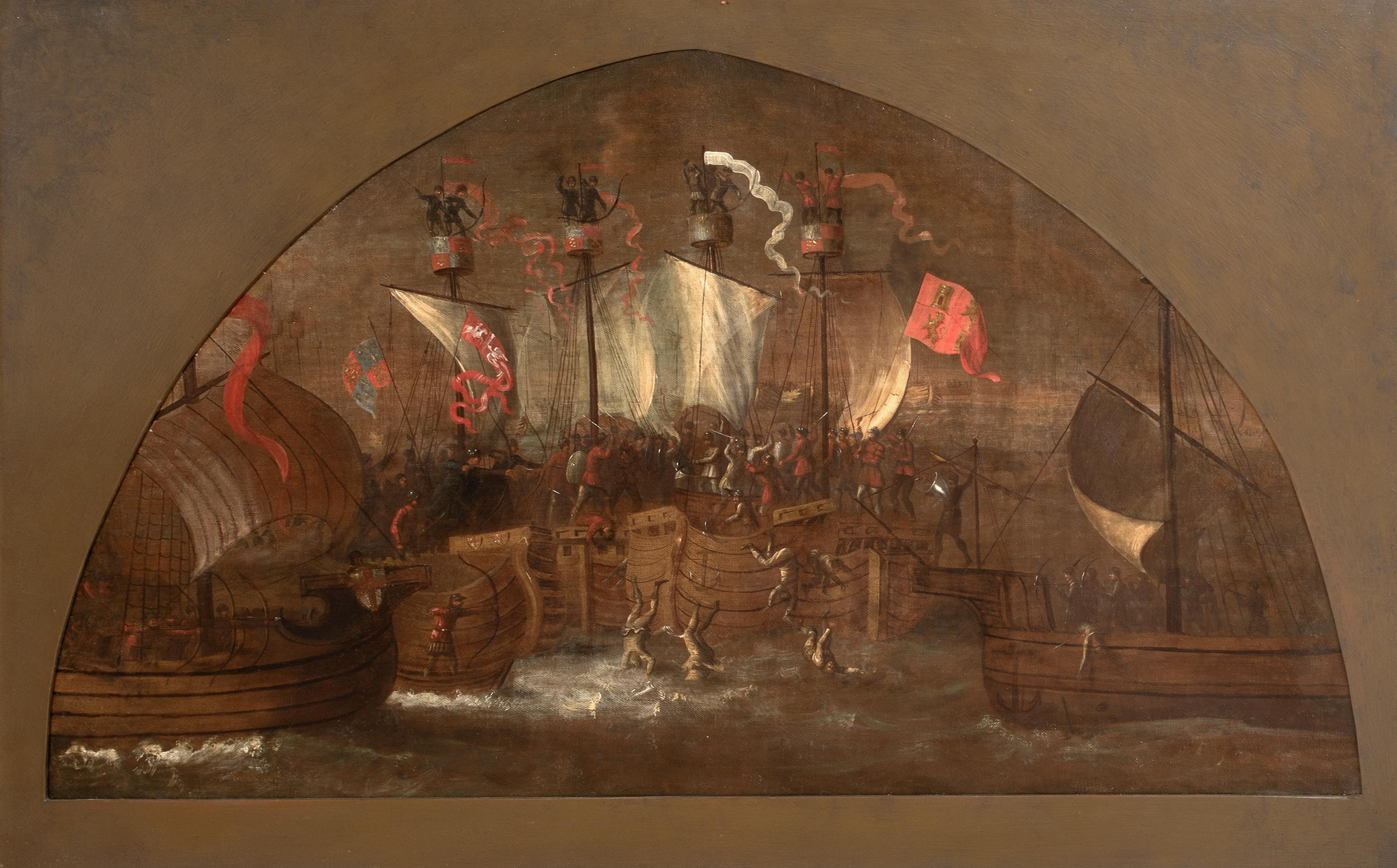 The Battle Of Sluys (1340), Öl auf Leinwand, 100 Hundred Years War Naval Scene (Braun), Landscape Painting, von Unknown