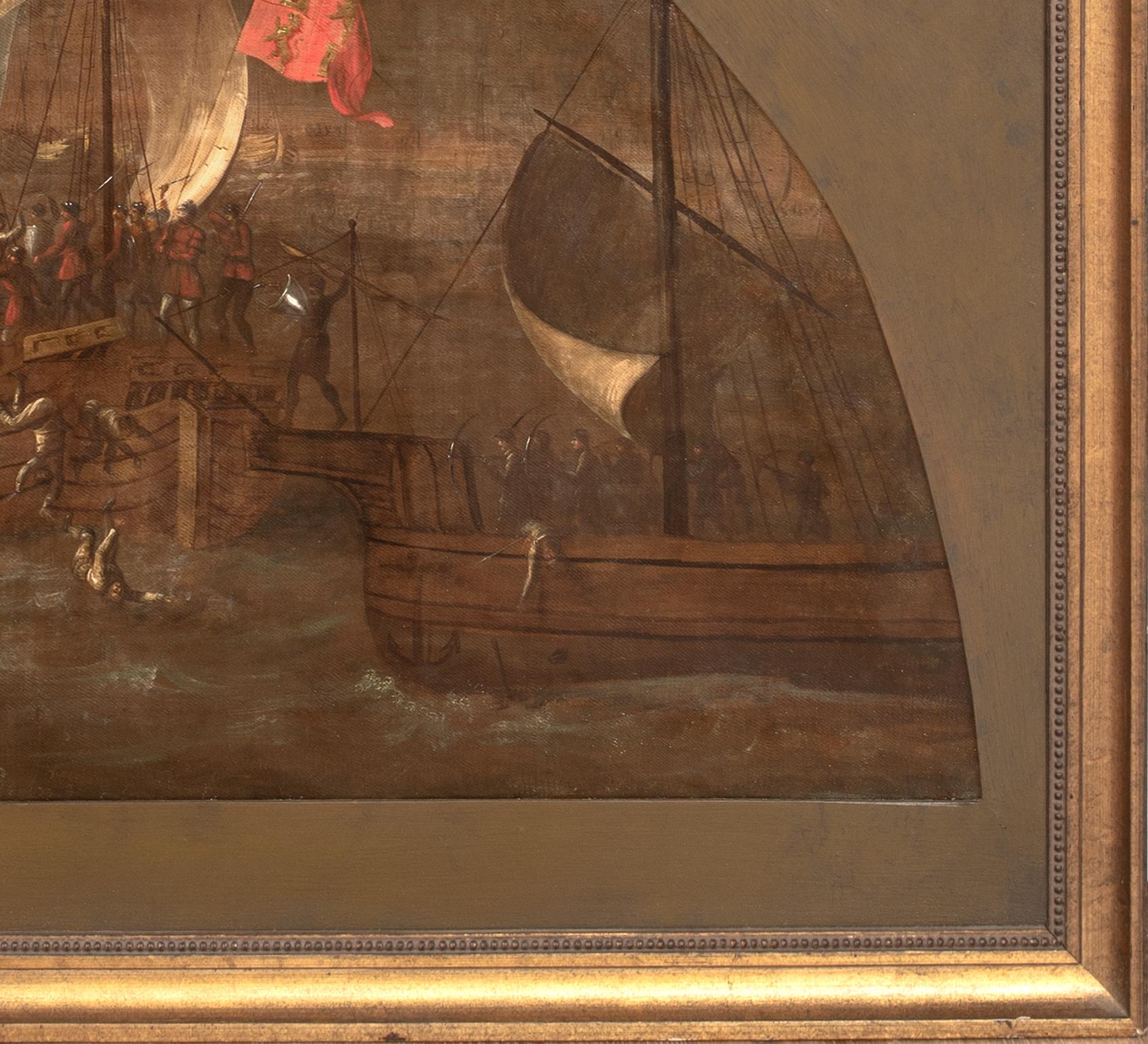 Die Schlacht von Sluys (1340), Öl auf Leinwand, 16/17.

Seltener Bericht über das Eröffnungsgefecht des Hundertjährigen Krieges (1337-1453)

Großes antikes Historiengemälde mit der Darstellung der Schlacht von Sluys zwischen dem englischen und dem