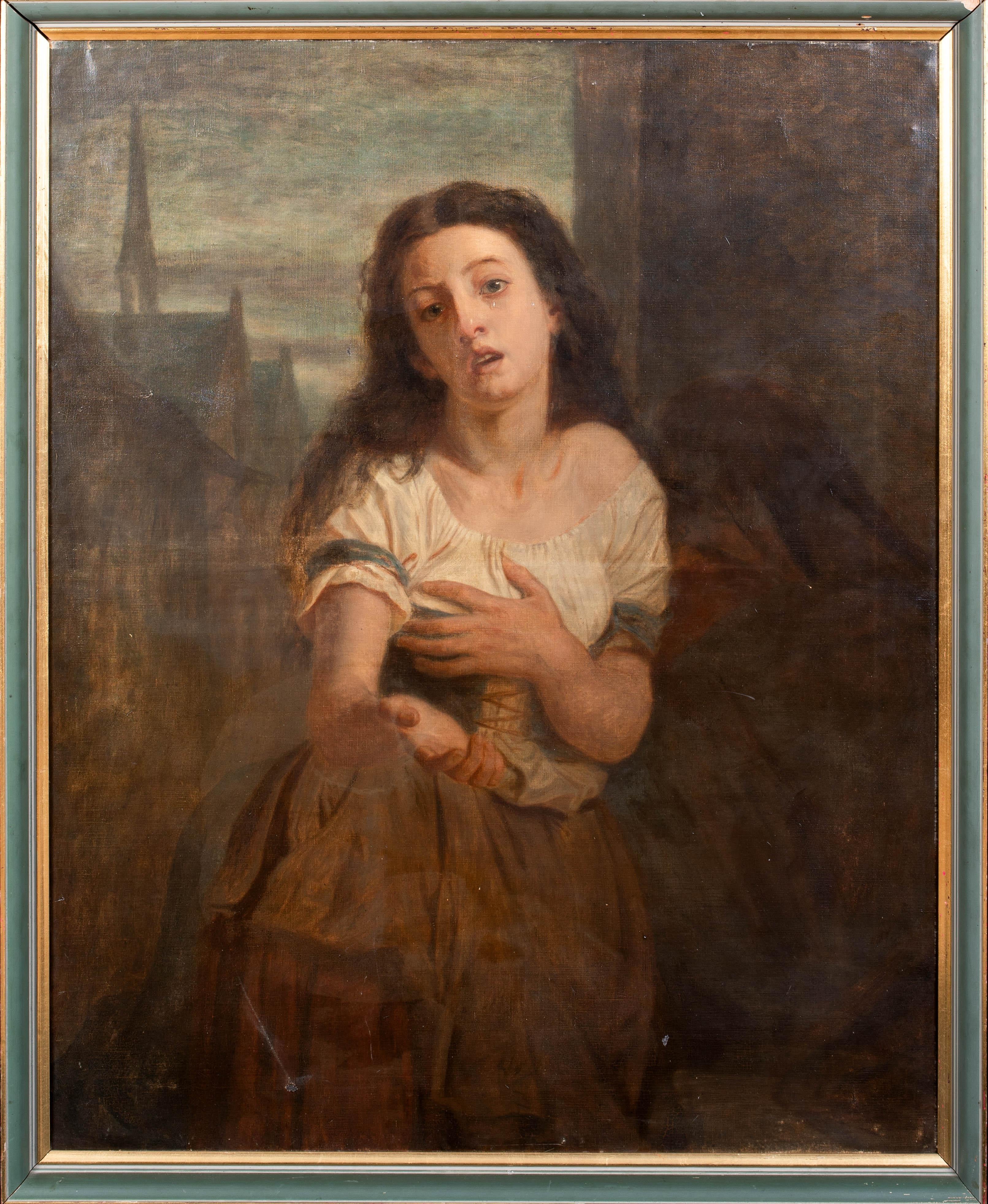 Unknown Portrait Painting - The Beggar Girl, 19th century  Pre-Raphaelite  Large 19th 