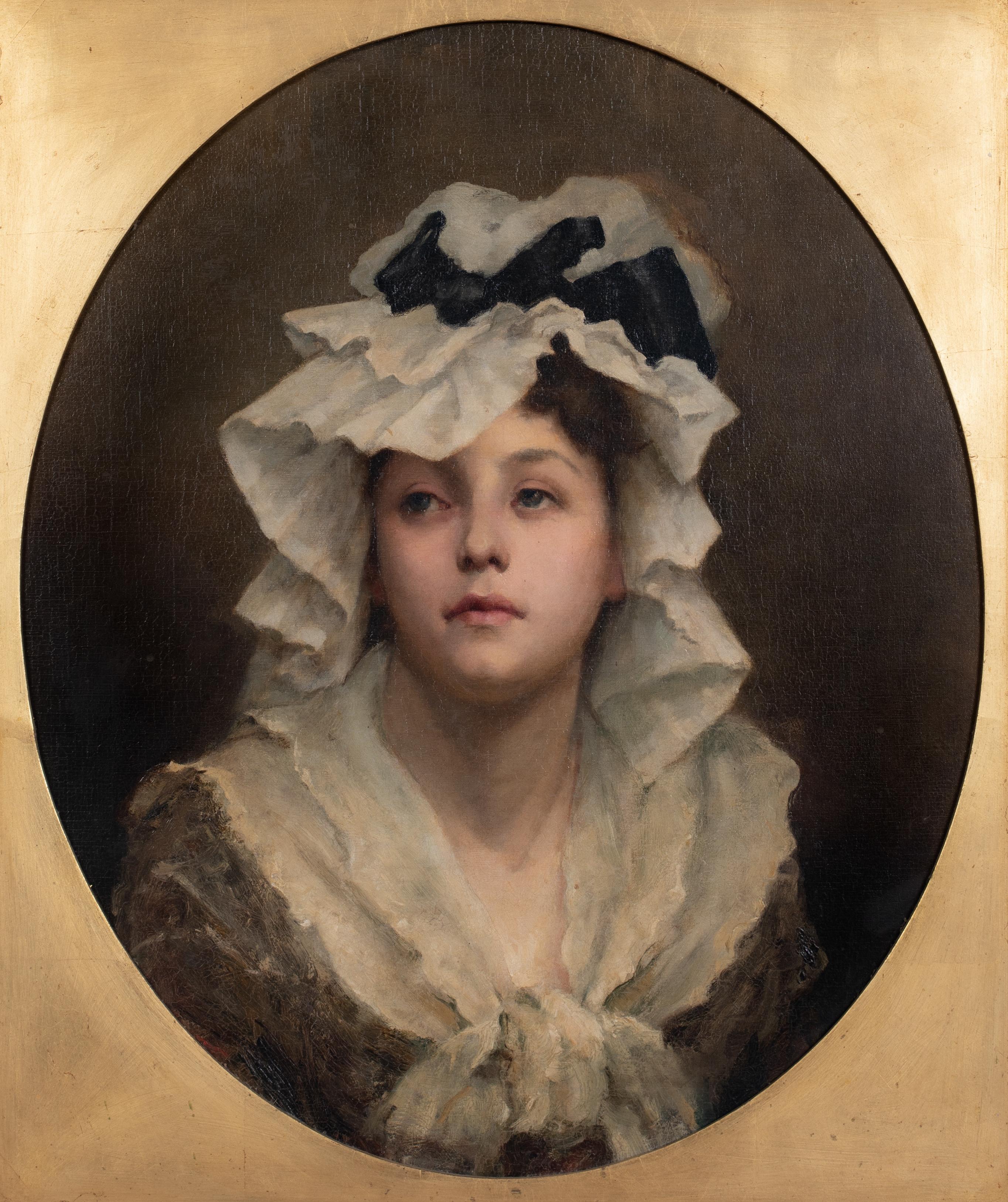 The Bonnet, 19th Century 

Monogrammed G.E.M

Large 19th Century portrait of a young girl wearing an elaborate bonnet, oil on canvas signed G E M. Excellent quality and condition beautiful Victorian portrait of the young girl in her bonnet. Would