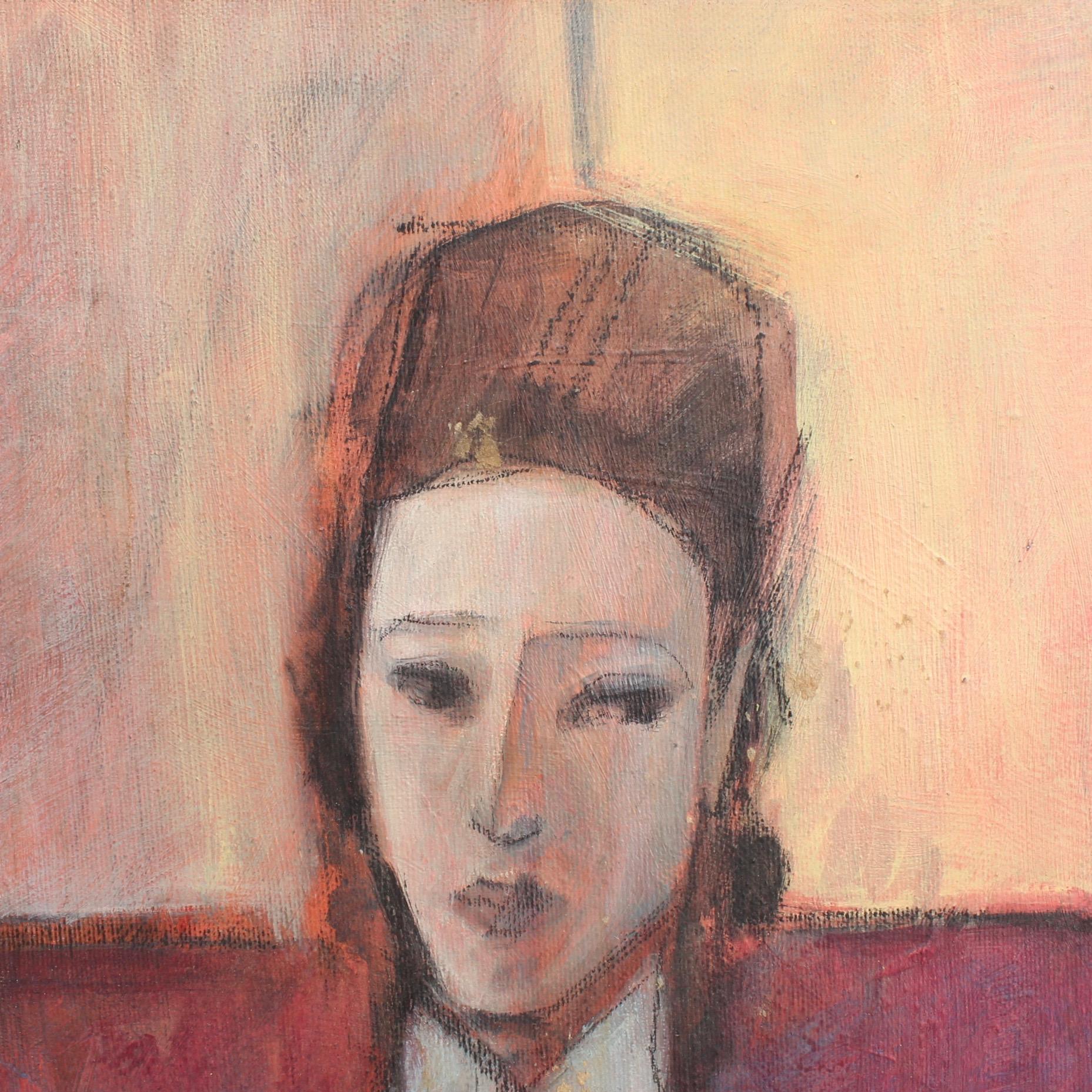 'The Box', mixed-media on canvas by Italian artist by the name of Vanzi, (circa 1960s). Discovered in the Tuscan region of Italy, this intriguing painting of a very stylishly dressed young woman holding a box makes one pause for understanding. Her